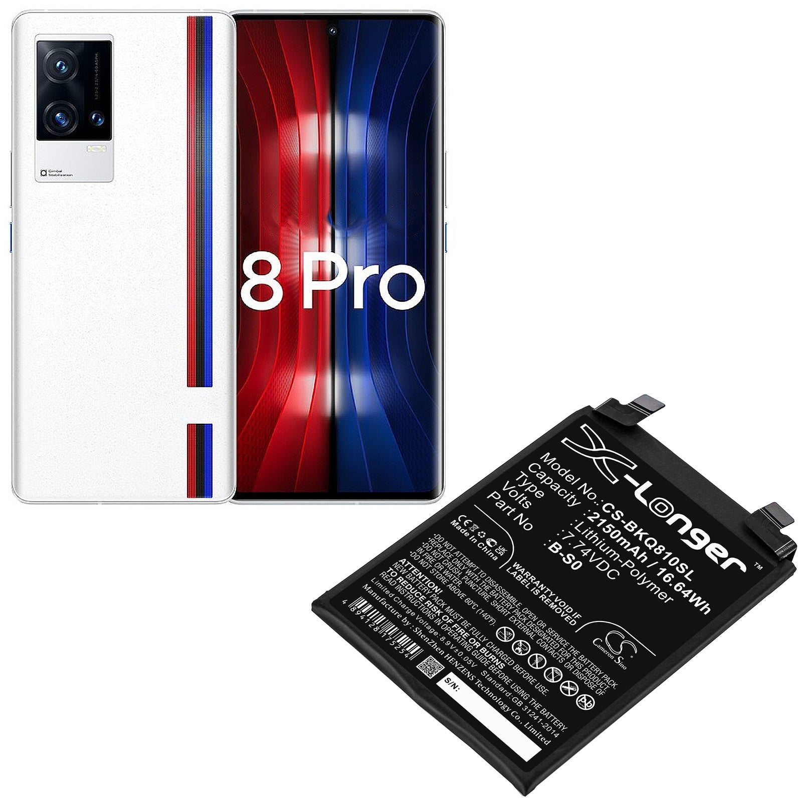 Li-Polymer, Mobile, SmartPhone Battery fits Iqoo 8 Pro, V2141a, 7.74V, 2150mAh Mobile, SmartPhone Cameron Sino Technology Limited