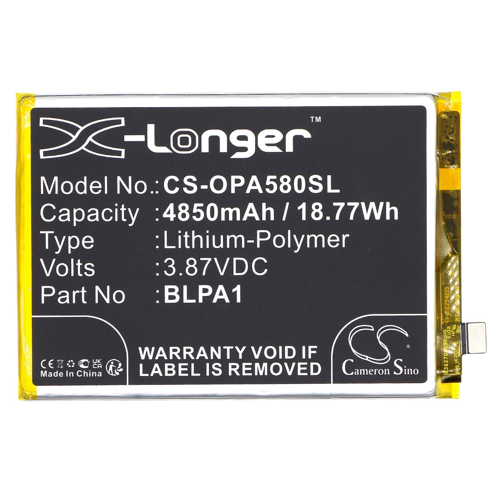 Li-Polymer, Mobile, SmartPhone Battery fits Oppo A38, A58, 3.87V, 4850mAh Mobile, SmartPhone Cameron Sino Technology Limited