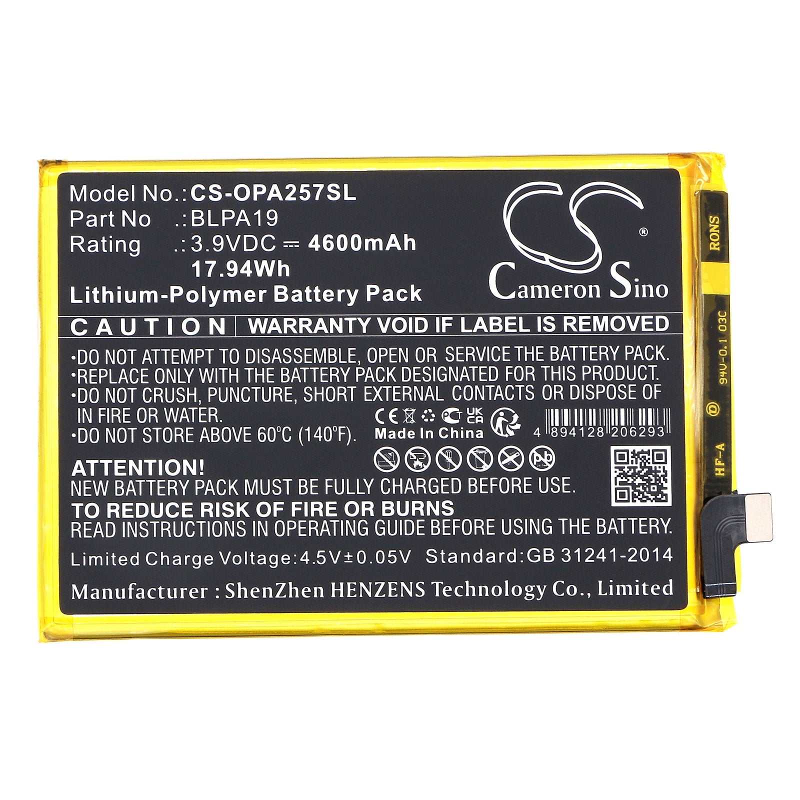 Li-Polymer, Mobile, SmartPhone Battery fits Oppo A58, Cph2577, 3.9V, 4600mAh Mobile, SmartPhone Cameron Sino Technology Limited
