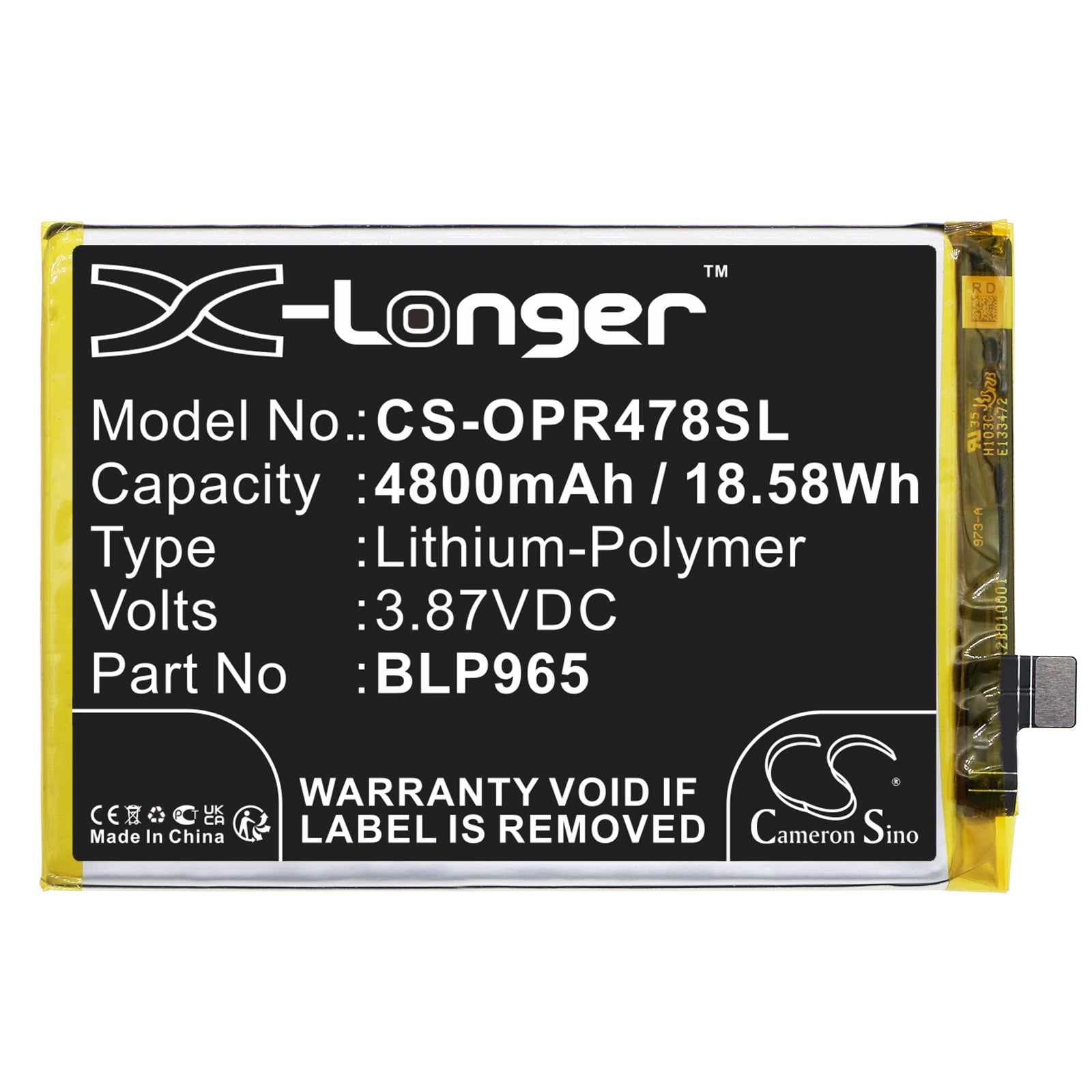 Li-Polymer, Mobile, SmartPhone Battery fits Oppo K10x 5g, Pggm10, 3.87V, 4800mAh Mobile, SmartPhone Cameron Sino Technology Limited