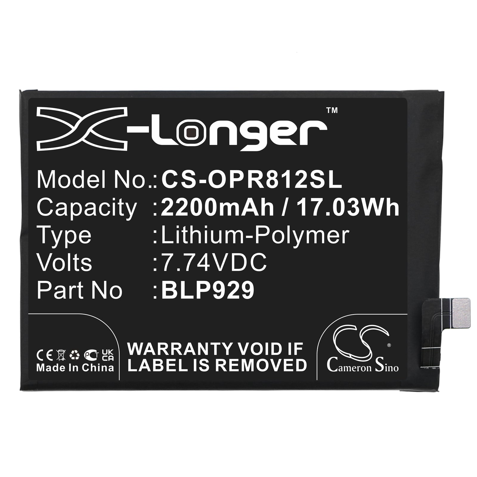 Li-Polymer, Mobile, SmartPhone Battery fits Oppo Pfzm10, Reno8 Pro+, 7.74V, 2200mAh Mobile, SmartPhone Cameron Sino Technology Limited