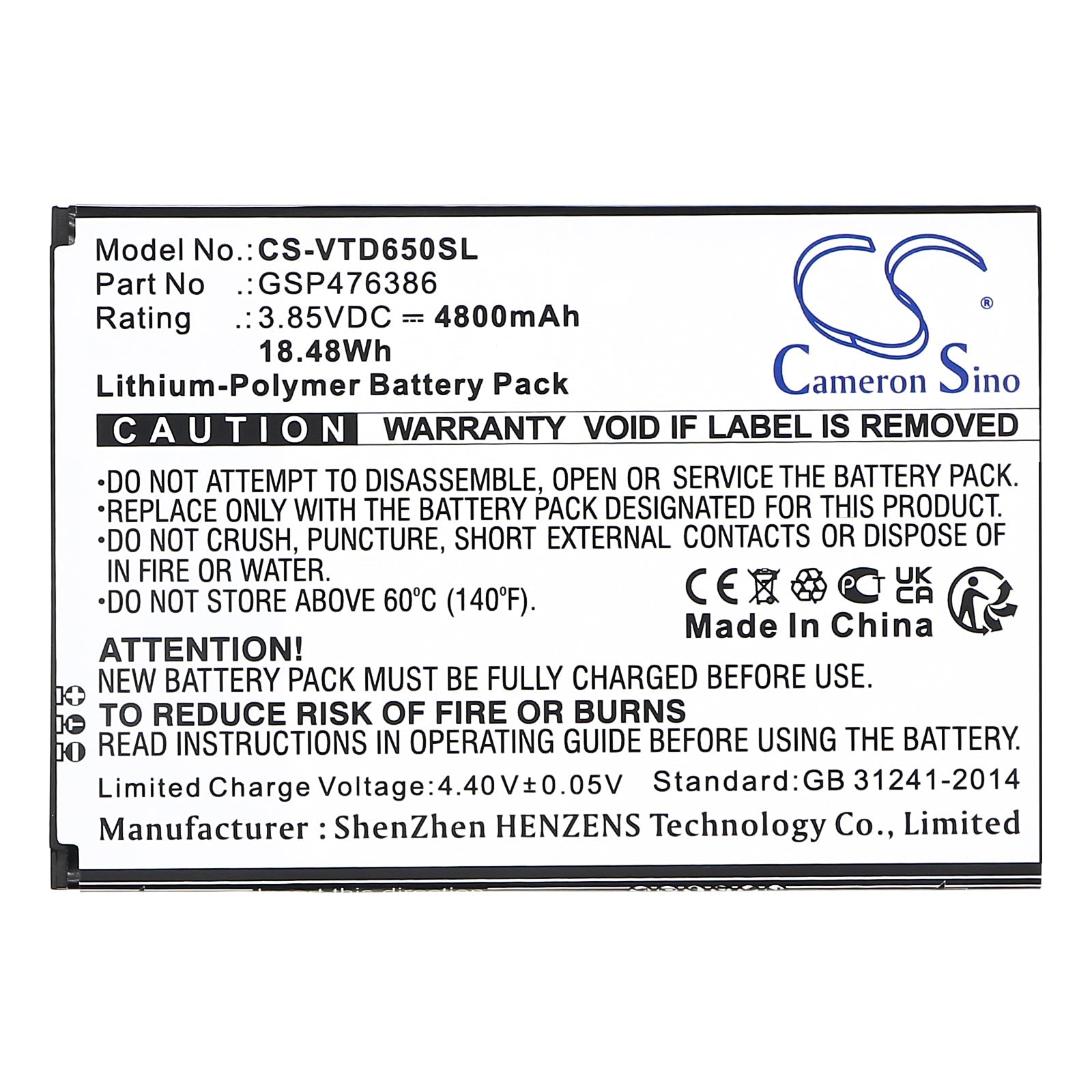 Li-Polymer, Mobile, SmartPhone Battery fits Vortex Hd65 +, Hd65plus, 3.85V, 4800mAh Mobile, SmartPhone Cameron Sino Technology Limited