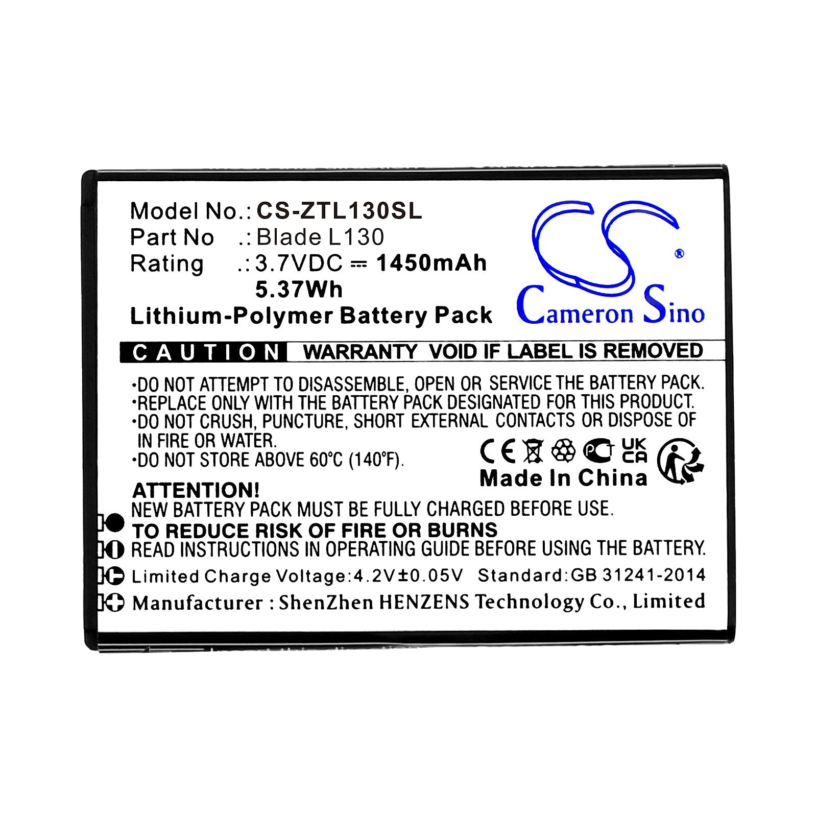 Li-Polymer, Mobile, SmartPhone Battery fits Zte Blade L130, Grand Max, 3.7V, 1450mAh Mobile, SmartPhone Cameron Sino Technology Limited