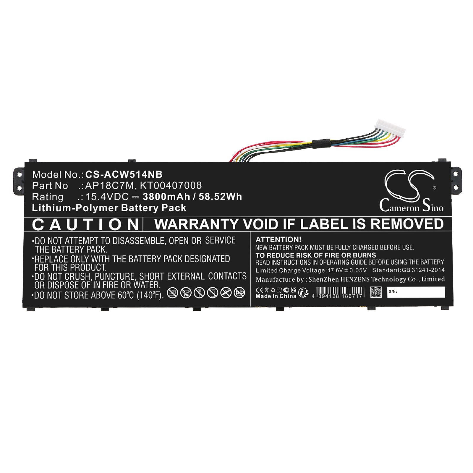 Li-Polymer, Notebook, Laptop Battery fits Acer Conceptd 3 Cn316-73g-729b, Conceptd 3 Cn316-73g-73k5, 15.4V, 3800mAh Notebook, Laptop Cameron Sino Technology Limited
