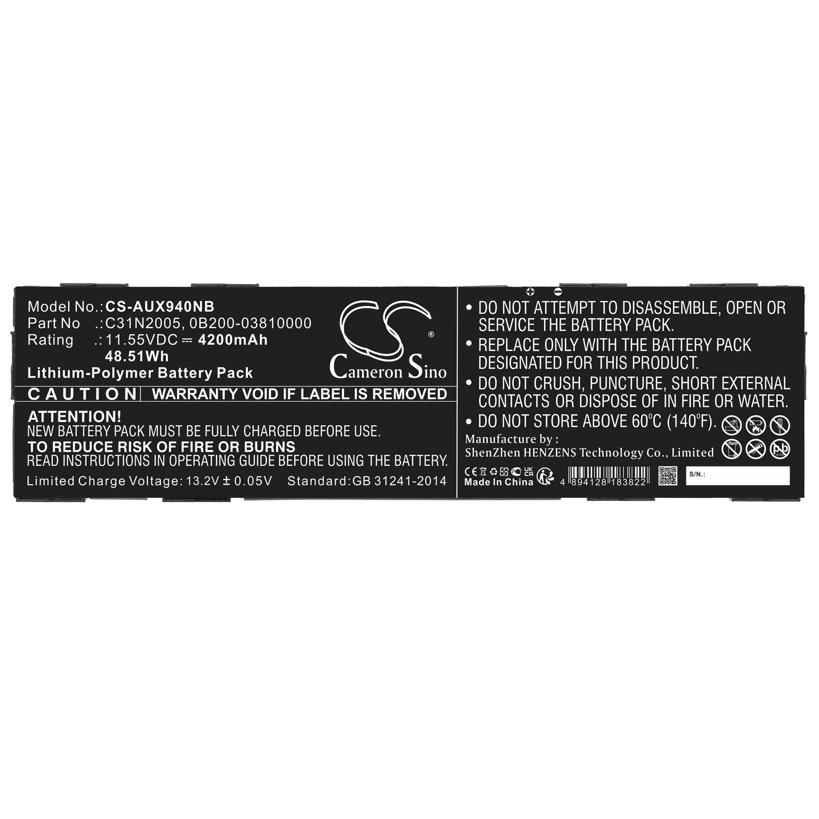 Li-Polymer, Notebook, Laptop Battery fits Asus B3402fea, B3402fea-fvp1333r, 11.55V, 4200mAh Notebook, Laptop Cameron Sino Technology Limited