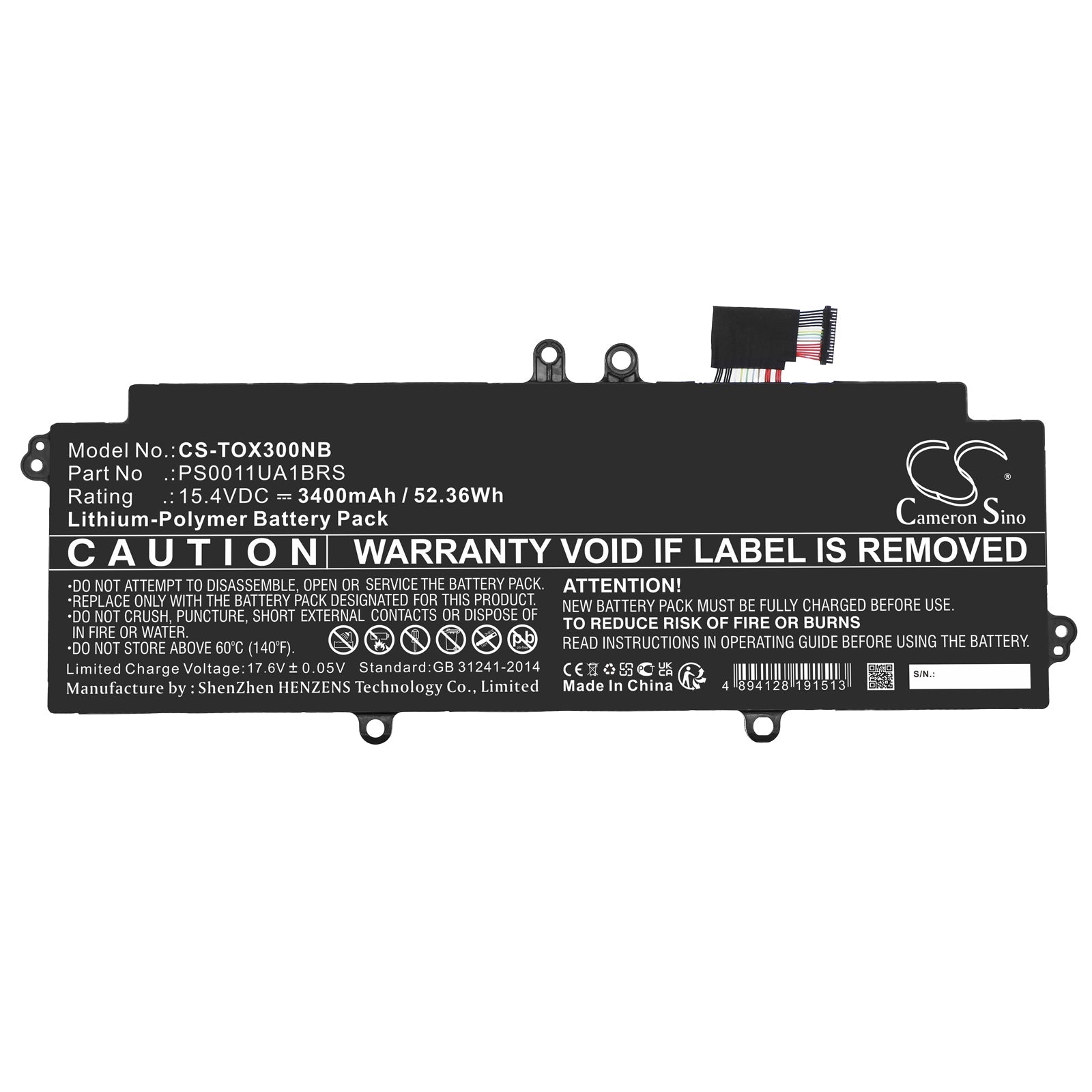 Li-Polymer, Notebook, Laptop Battery fits Dynabook Portege X30l-j, Portege X30l-j Pcr10a-009003, 15.4V, 3400mAh Notebook, Laptop Cameron Sino Technology Limited