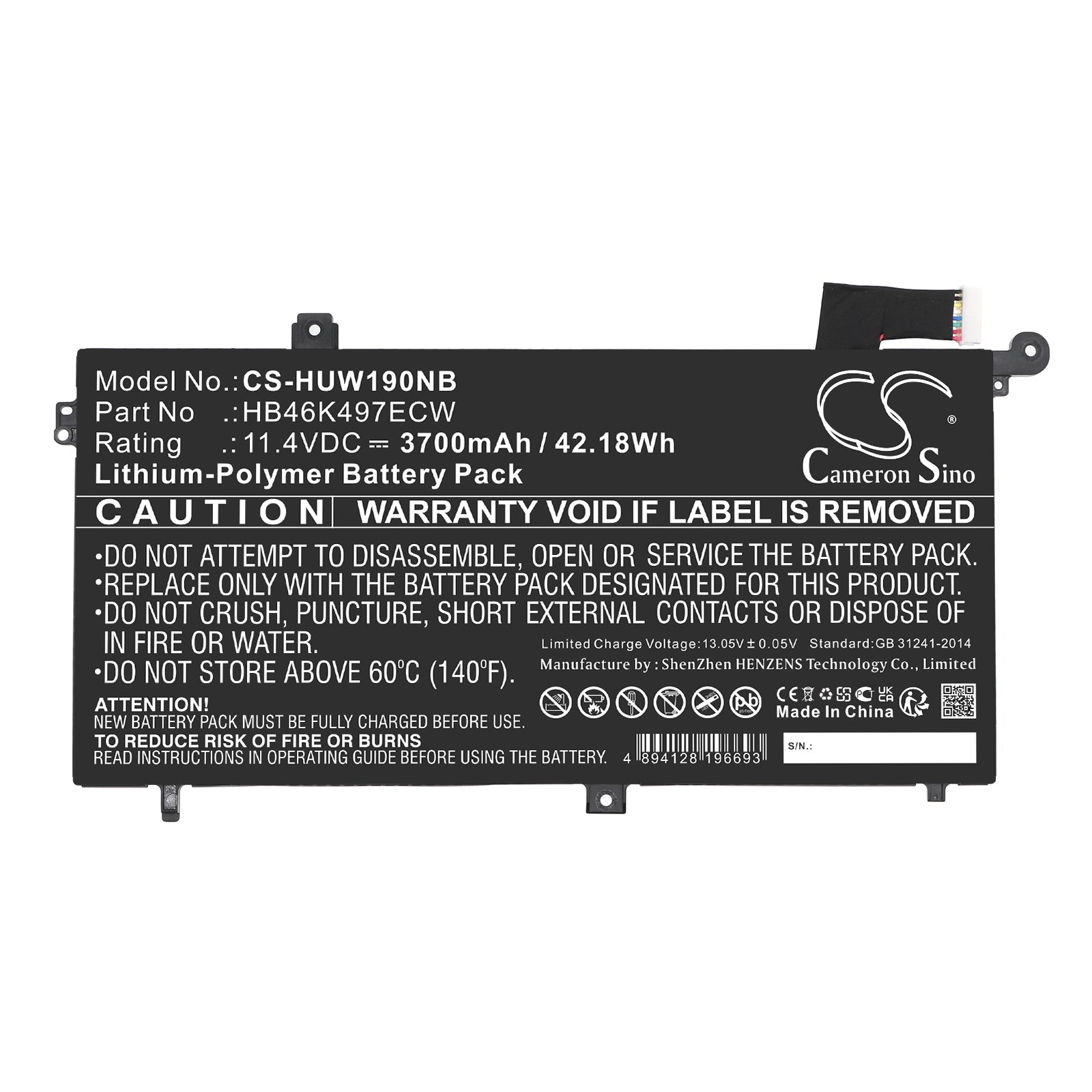 Li-Polymer, Notebook, Laptop Battery fits Huawei Matebook D 2018, Matebook D 53010baj, 11.4V, 3700mAh Notebook, Laptop Cameron Sino Technology Limited