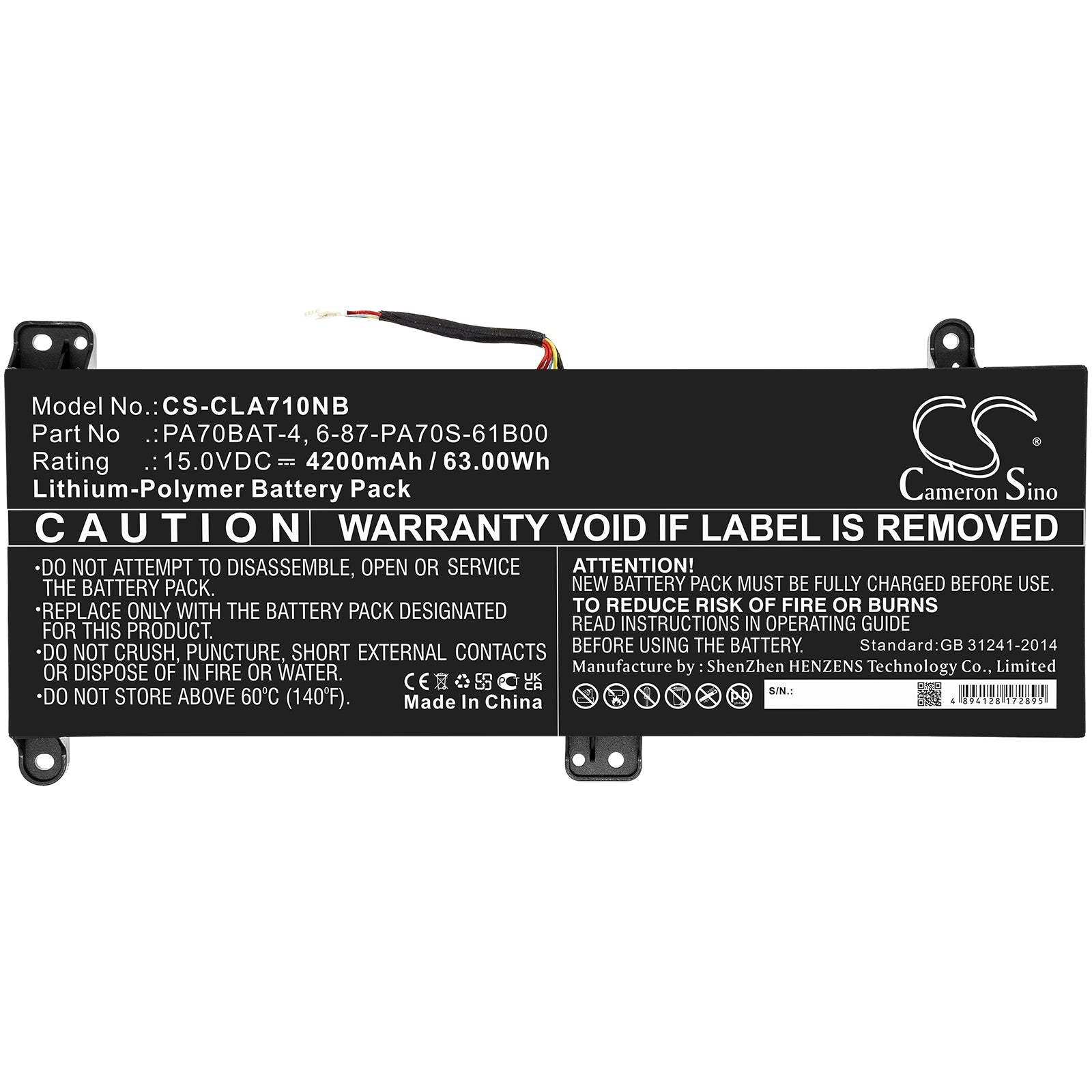Li-Polymer, Notebook, Laptop Battery fits Powerspec Powerspec 1710, Wooking S17 Pro-8u, 15.0V, 4200mAh Notebook, Laptop Cameron Sino Technology Limited