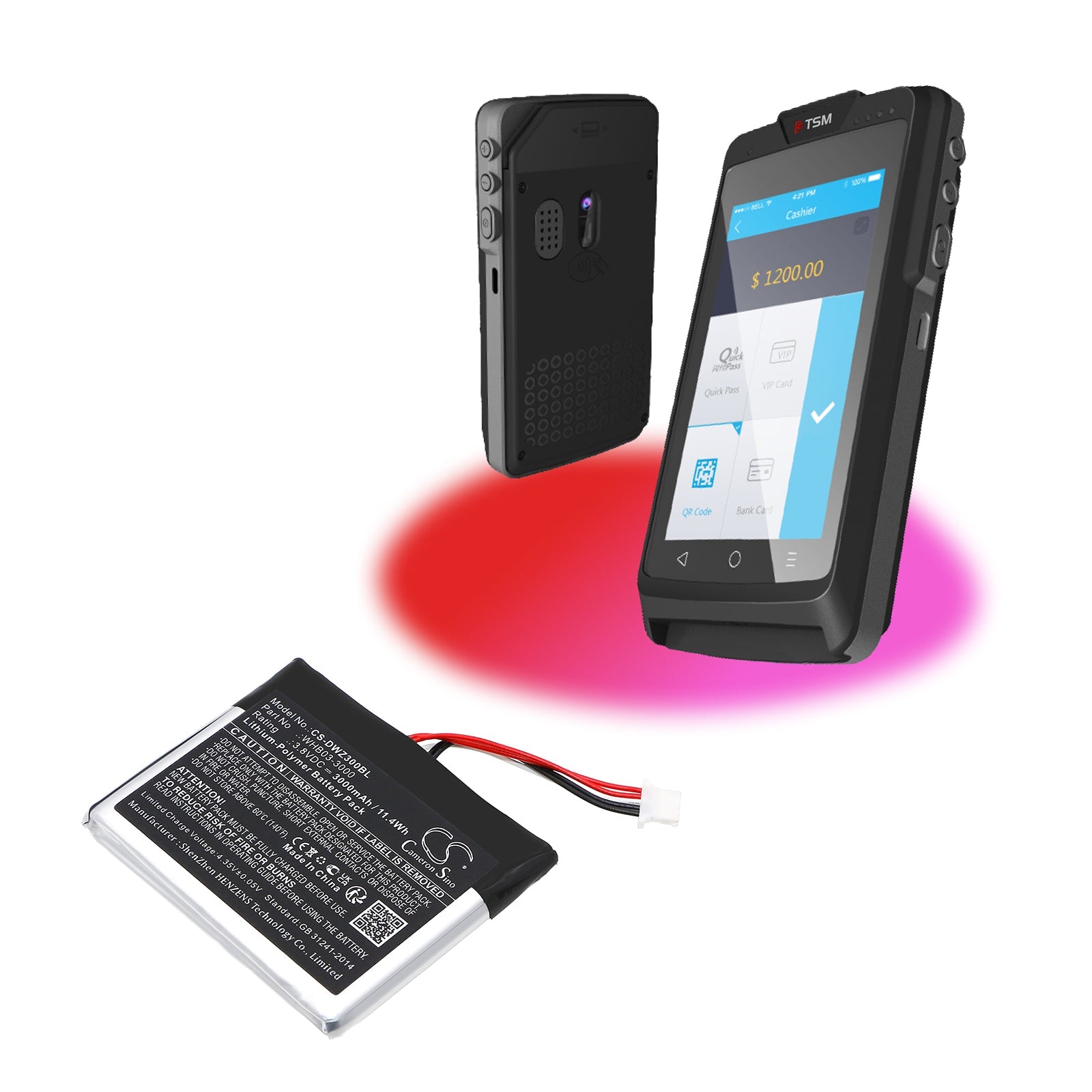 Li-Polymer, Payment Terminal Battery fits Dejavoo Q3, Wizarpos Q3, 3.8V, 3000mAh Payment Terminal Cameron Sino Technology Limited