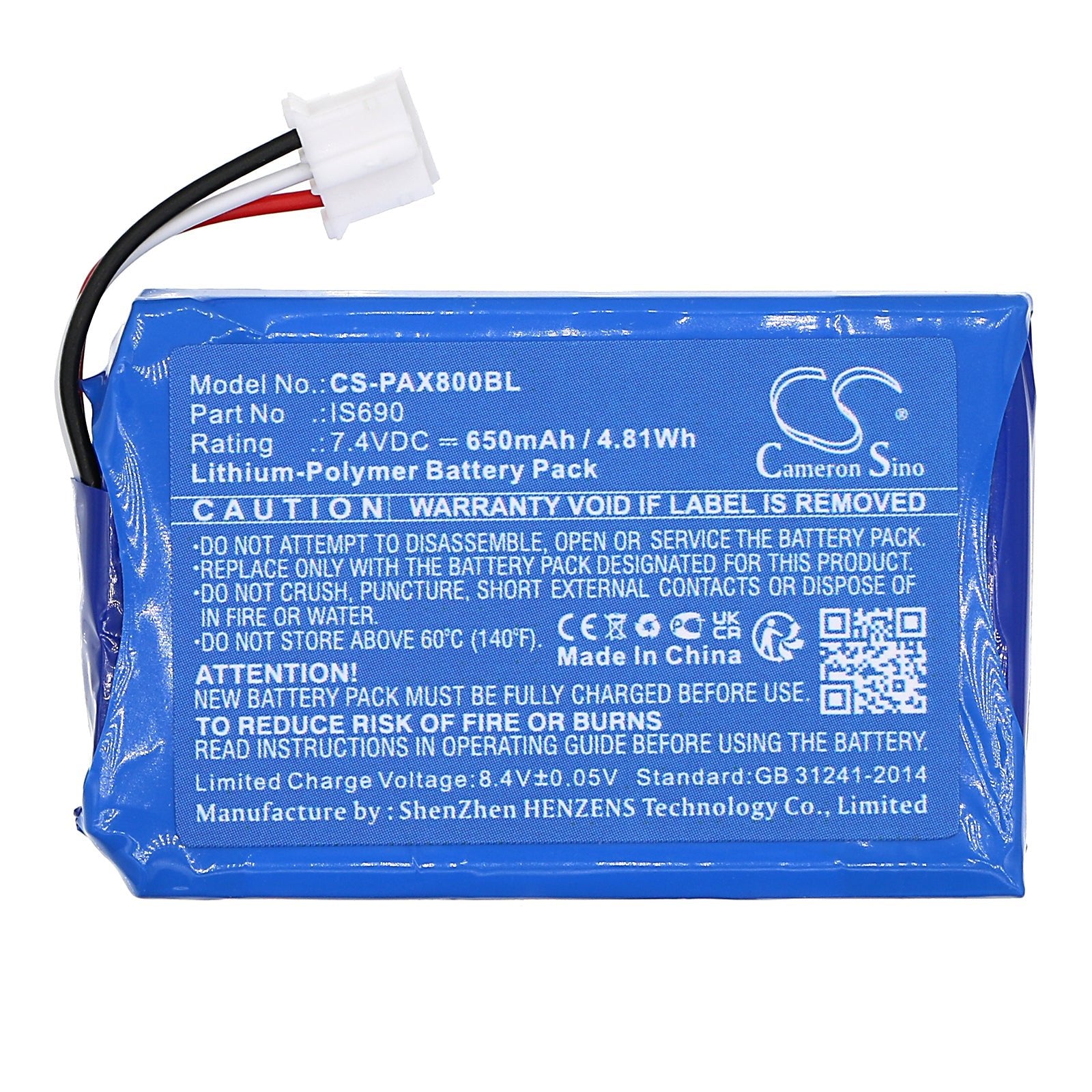 Li-Polymer, Payment Terminal Battery fits Pax Q80, 7.4V, 650mAh Payment Terminal Cameron Sino Technology Limited
