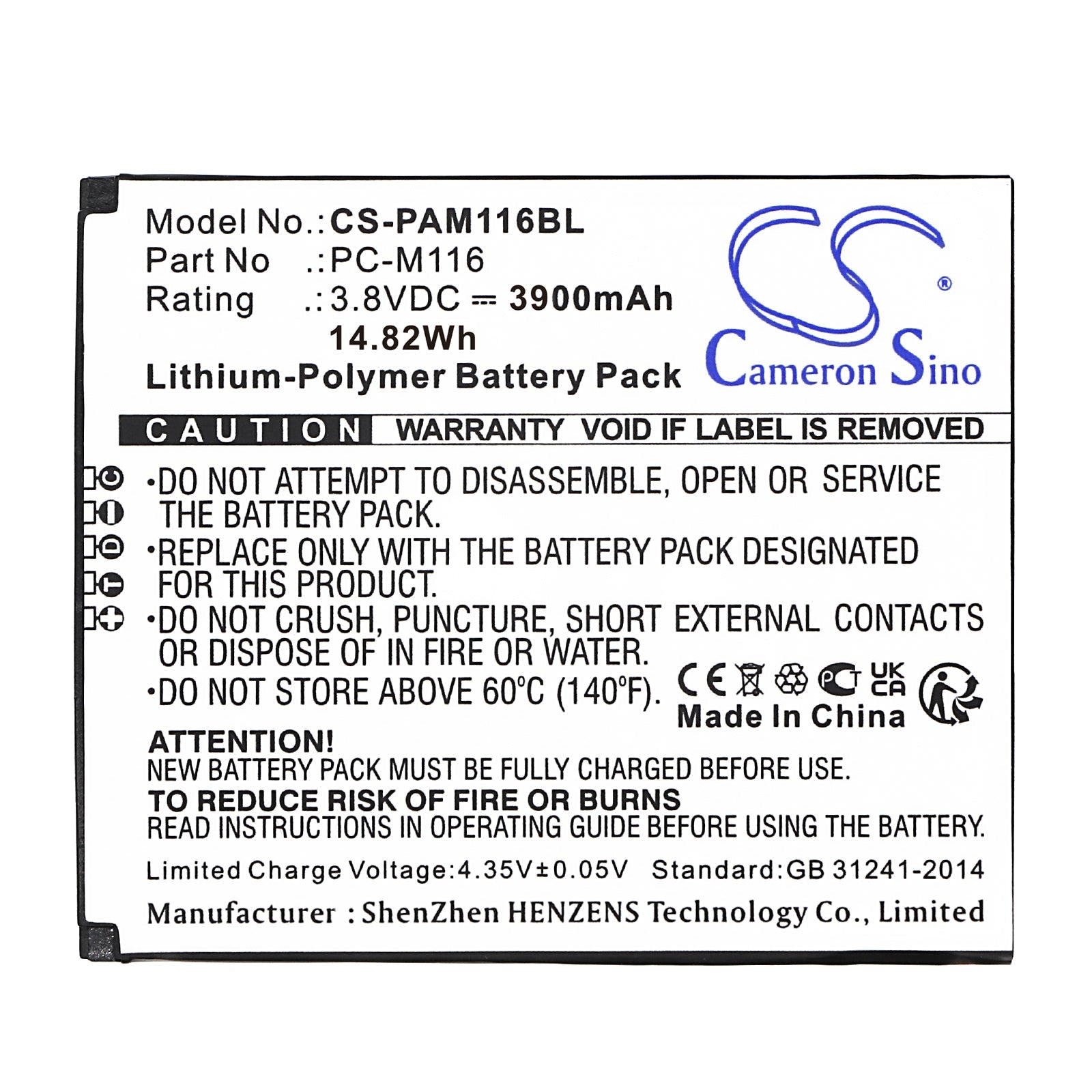 Li-Polymer, Payment Terminal Battery fits Pax X3s, X5, 3.8V, 3900mAh Payment Terminal Cameron Sino Technology Limited
