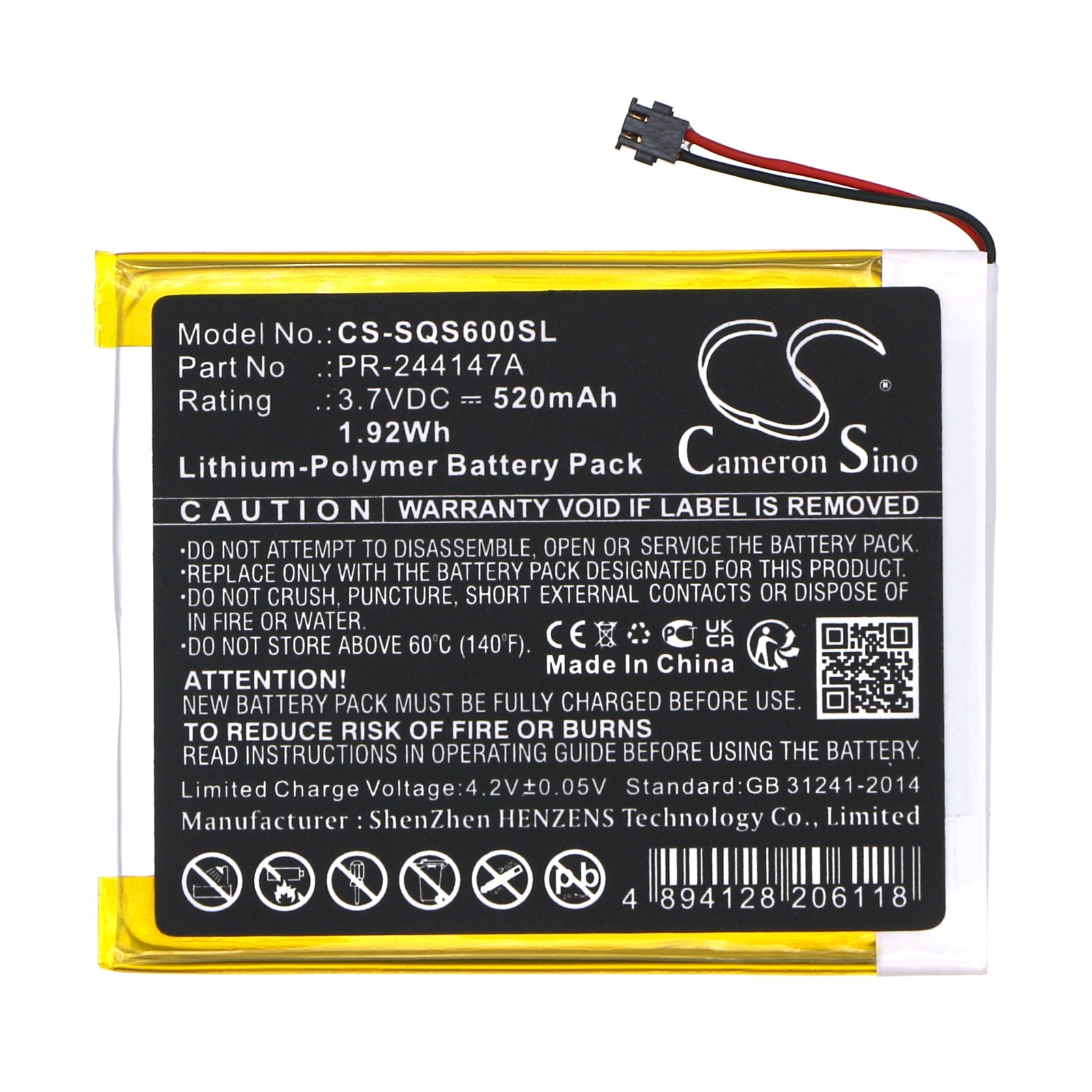 Li-Polymer, Payment Terminal Battery fits Square S6, S8, 3.7V, 520mAh Payment Terminal Cameron Sino Technology Limited