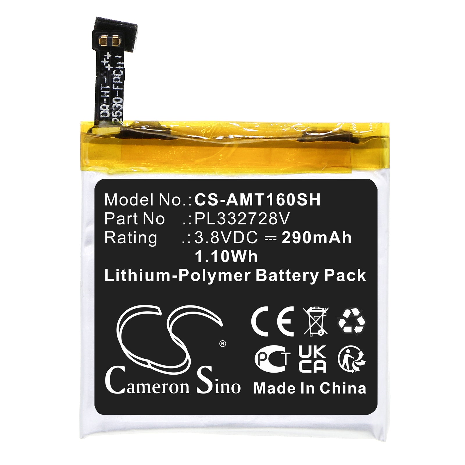 Li-Polymer, Smartwatch Battery fits Amazfit A1609, A1619, 3.8V, 290mAh Smartwatch Cameron Sino Technology Limited