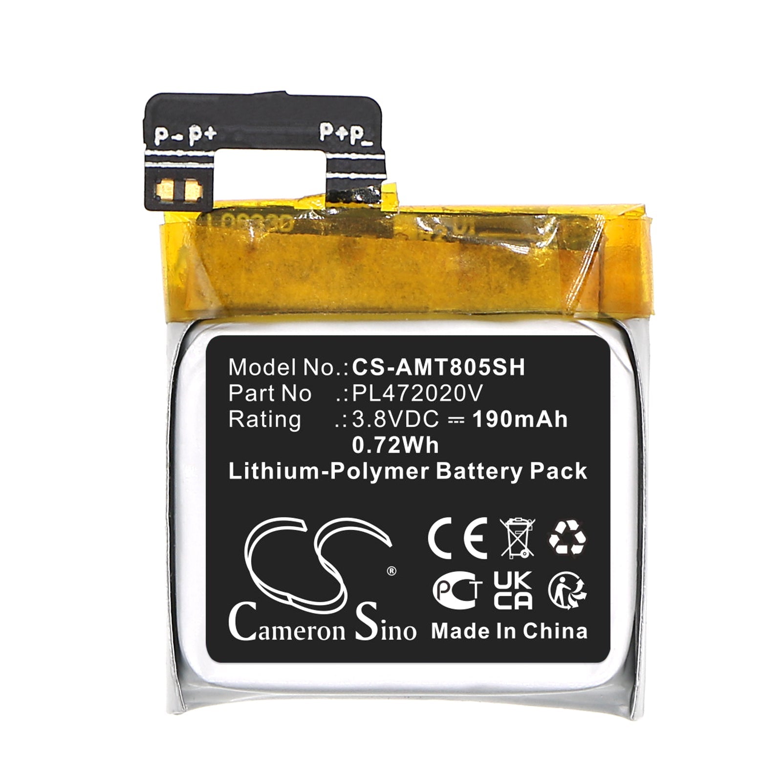 Li-Polymer, Smartwatch Battery fits Amazfit A1805, 3.8V, 190mAh Smartwatch Cameron Sino Technology Limited