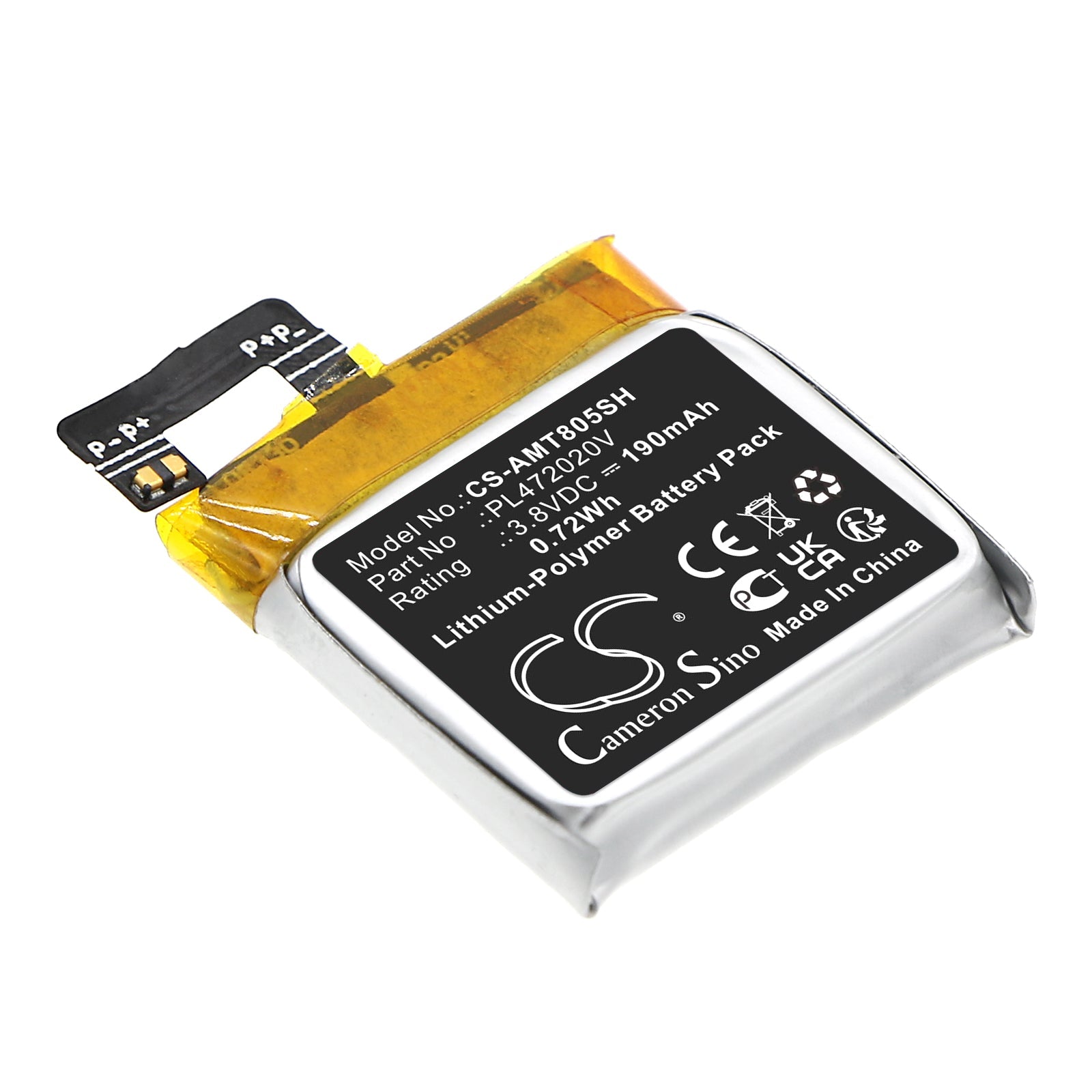 Li-Polymer, Smartwatch Battery fits Amazfit A1805, 3.8V, 190mAh Smartwatch Cameron Sino Technology Limited
