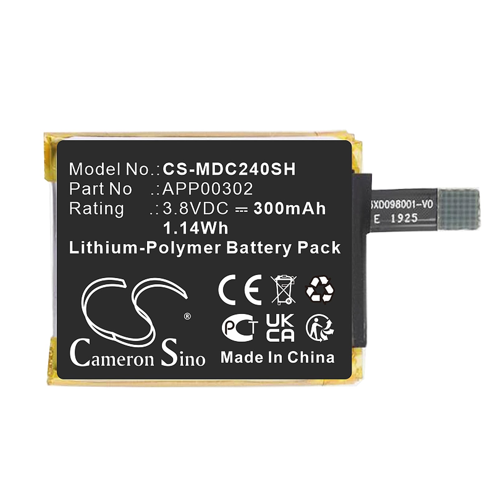 Li-Polymer, Smartwatch Battery fits Movado Connect 2.0/40, 3.8V, 300mAh Smartwatch Cameron Sino Technology Limited