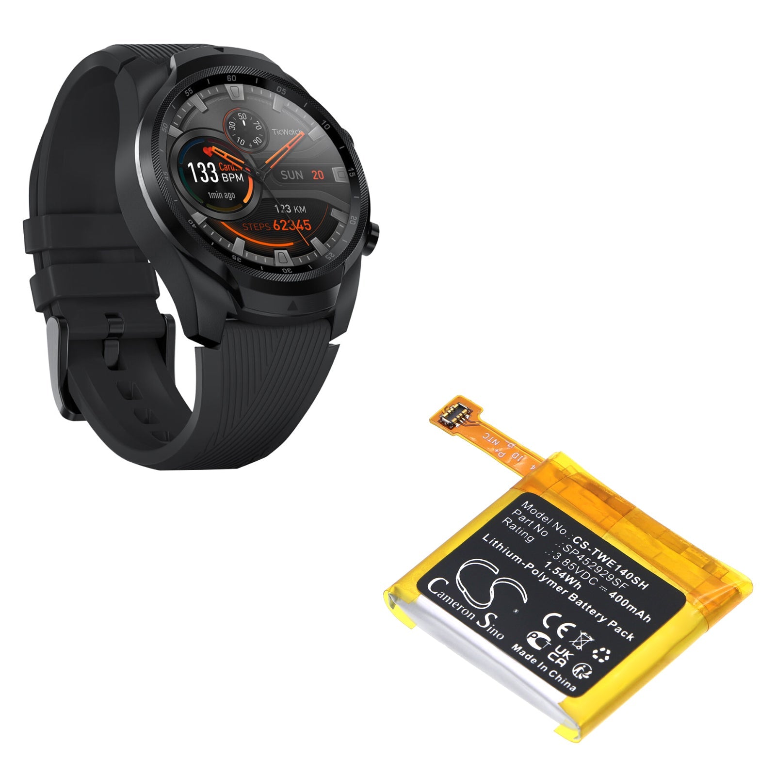 Li-Polymer, Smartwatch Battery fits Ticwatch Pro, Pro 4g, 3.85V, 400mAh Smartwatch Cameron Sino Technology Limited
