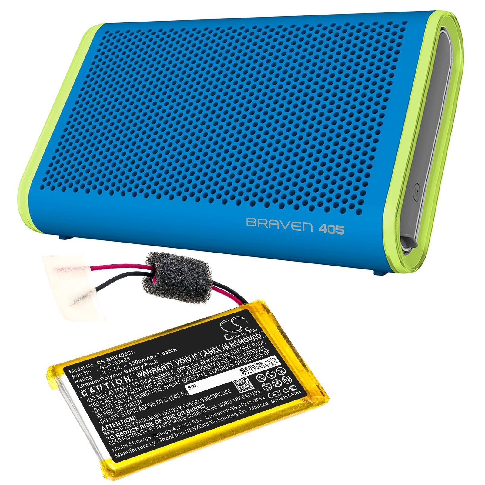 Li-Polymer Speaker Battery fits Braven, 405 3.7V, 1900mAh Speaker Cameron Sino Technology Limited
