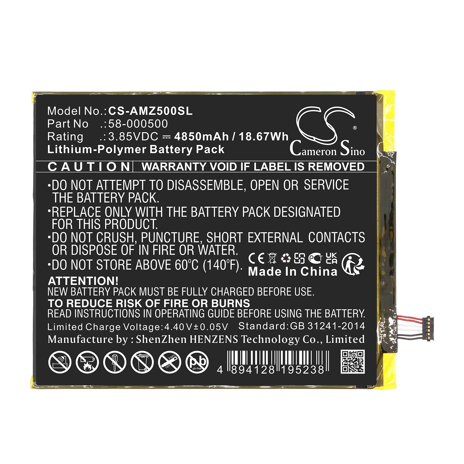 Li-Polymer, Tablet Battery fits Amazon Amztdc5, 3.85V, 4850mAh Tablet Cameron Sino Technology Limited