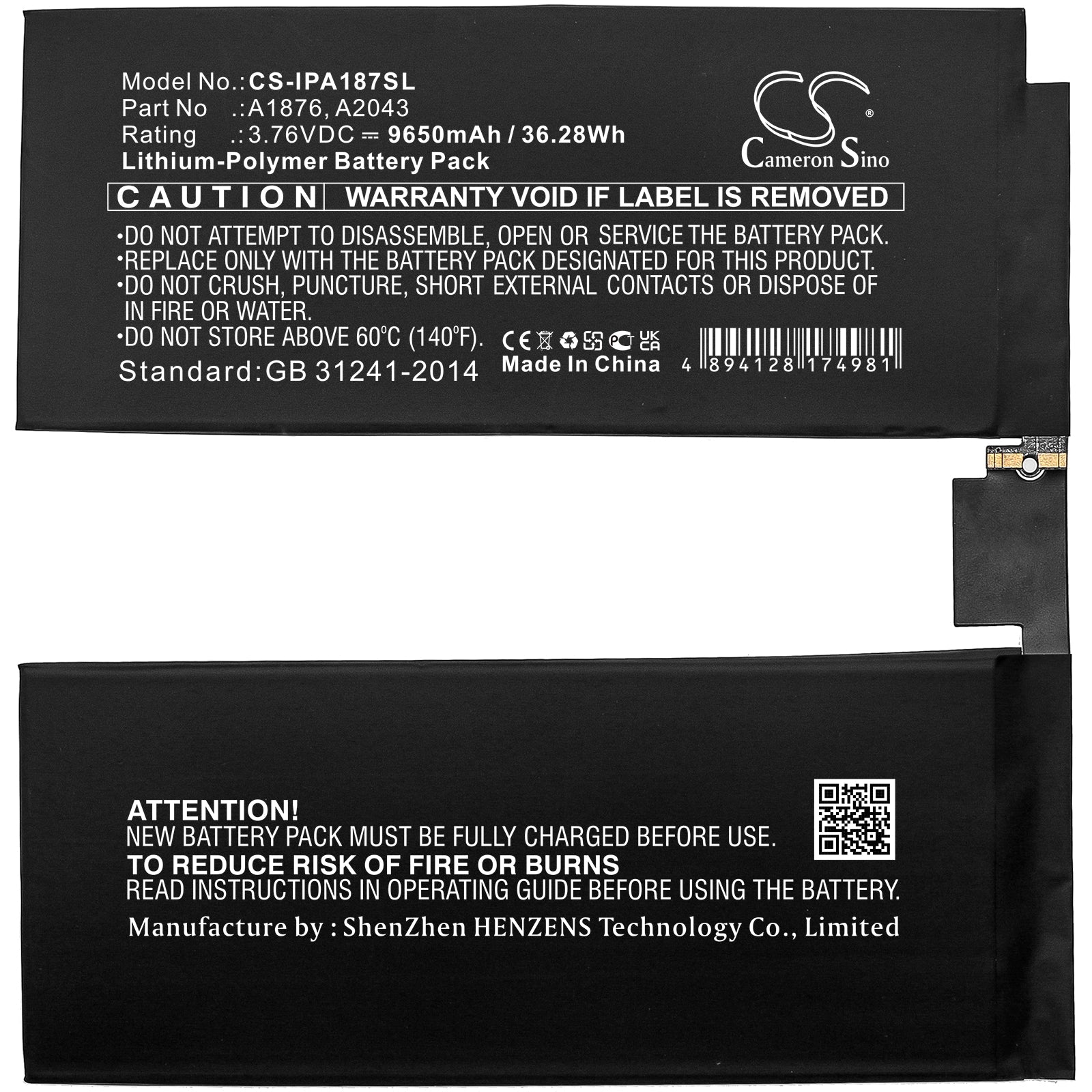 Li-Polymer, Tablet Battery fits Apple A1876, A1895, 3.76V, 9650mAh Tablet Cameron Sino Technology Limited