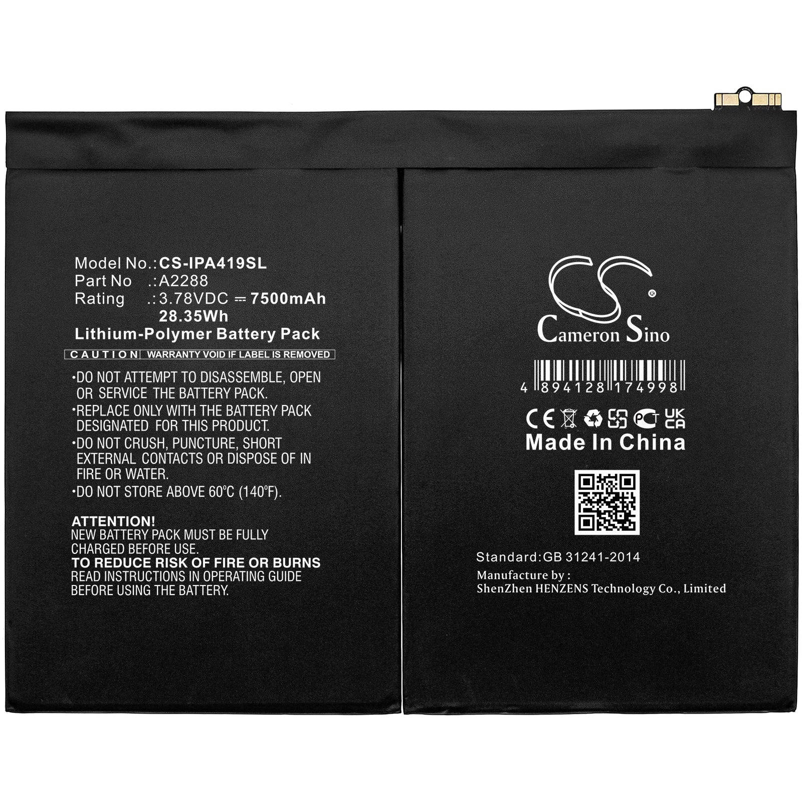 Li-Polymer, Tablet Battery fits Apple A2072, A2316, 3.78V, 7500mAh Tablet Cameron Sino Technology Limited