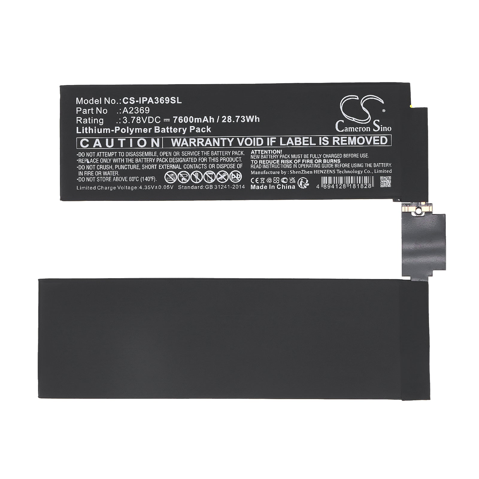 Li-Polymer, Tablet Battery fits Apple A2301, A2377, 3.78V, 7600mAh Tablet Cameron Sino Technology Limited