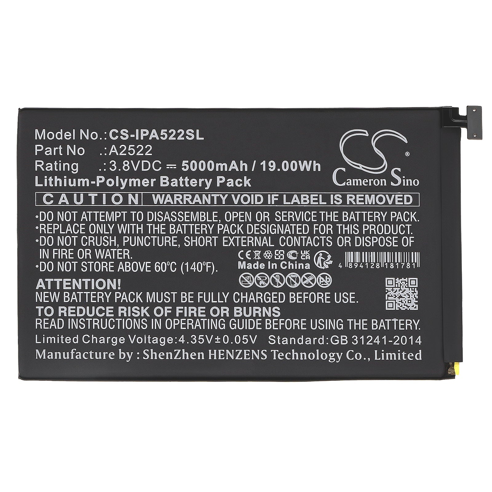 Li-Polymer, Tablet Battery fits Apple A2567, A2568, 3.8V, 5000mAh Tablet Cameron Sino Technology Limited