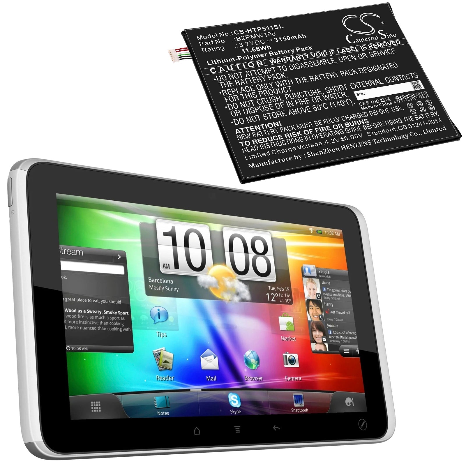 Li-Polymer, Tablet Battery fits Htc P510, 3.7V, 3150mAh Tablet Cameron Sino Technology Limited