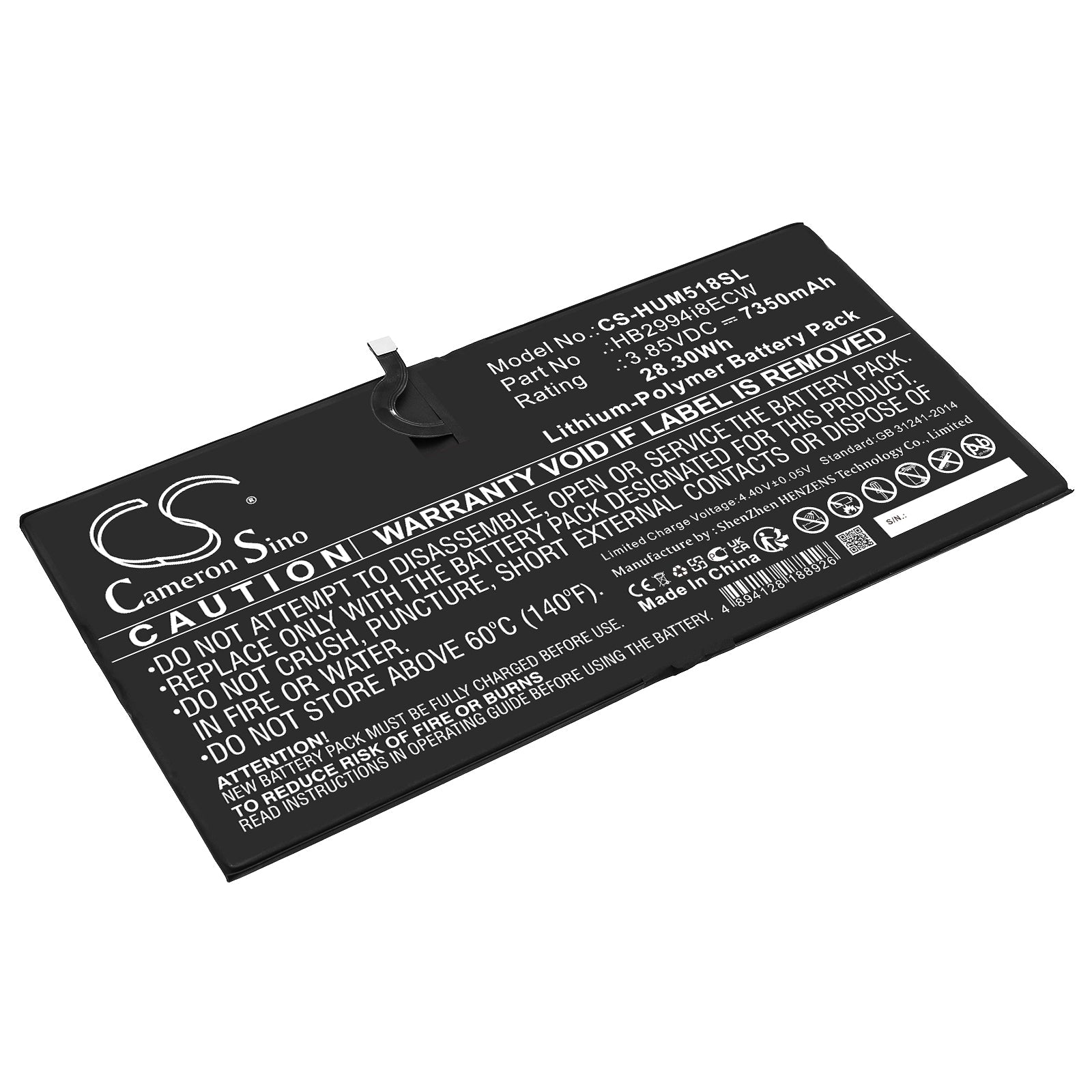Li-Polymer, Tablet Battery fits Huawei Cmr-al09, Cmr-al19, 3.85V, 7350mAh Tablet Cameron Sino Technology Limited