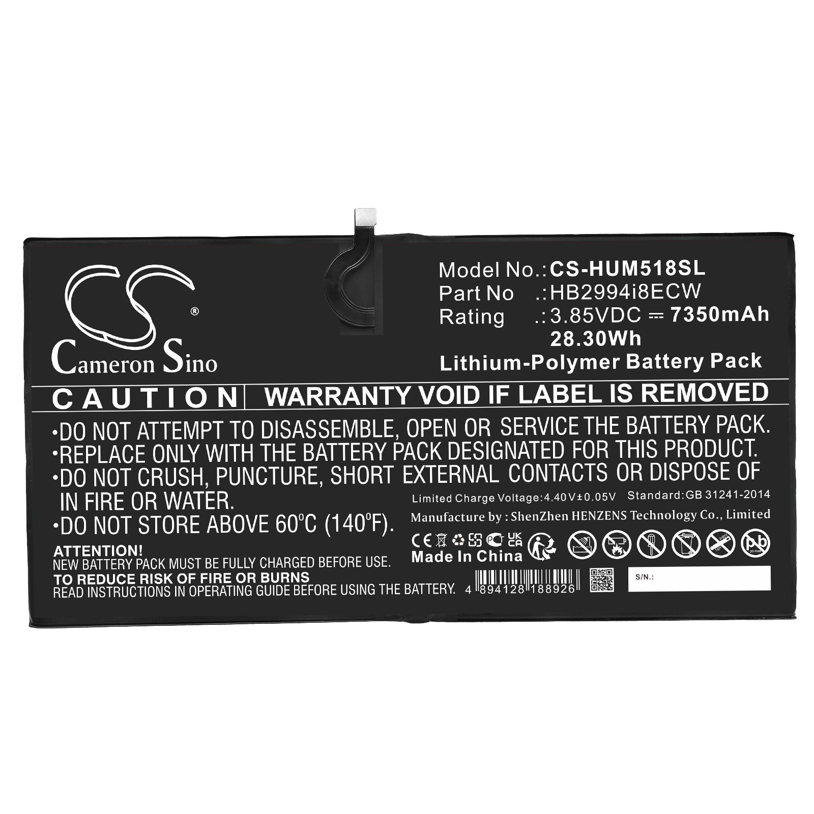 Li-Polymer, Tablet Battery fits Huawei Cmr-al09, Cmr-al19, 3.85V, 7350mAh Tablet Cameron Sino Technology Limited