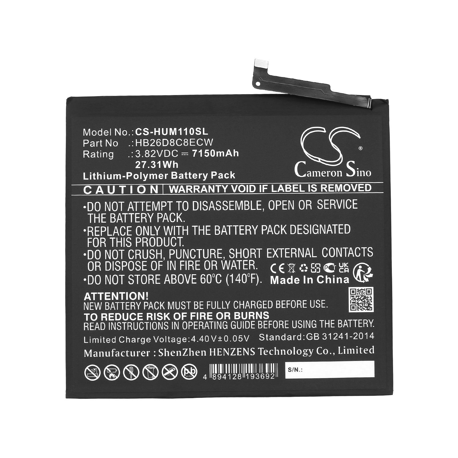 Li-Polymer, Tablet Battery fits Huawei Dby-w09, Matepad 11, 3.82V, 7150mAh Tablet Cameron Sino Technology Limited