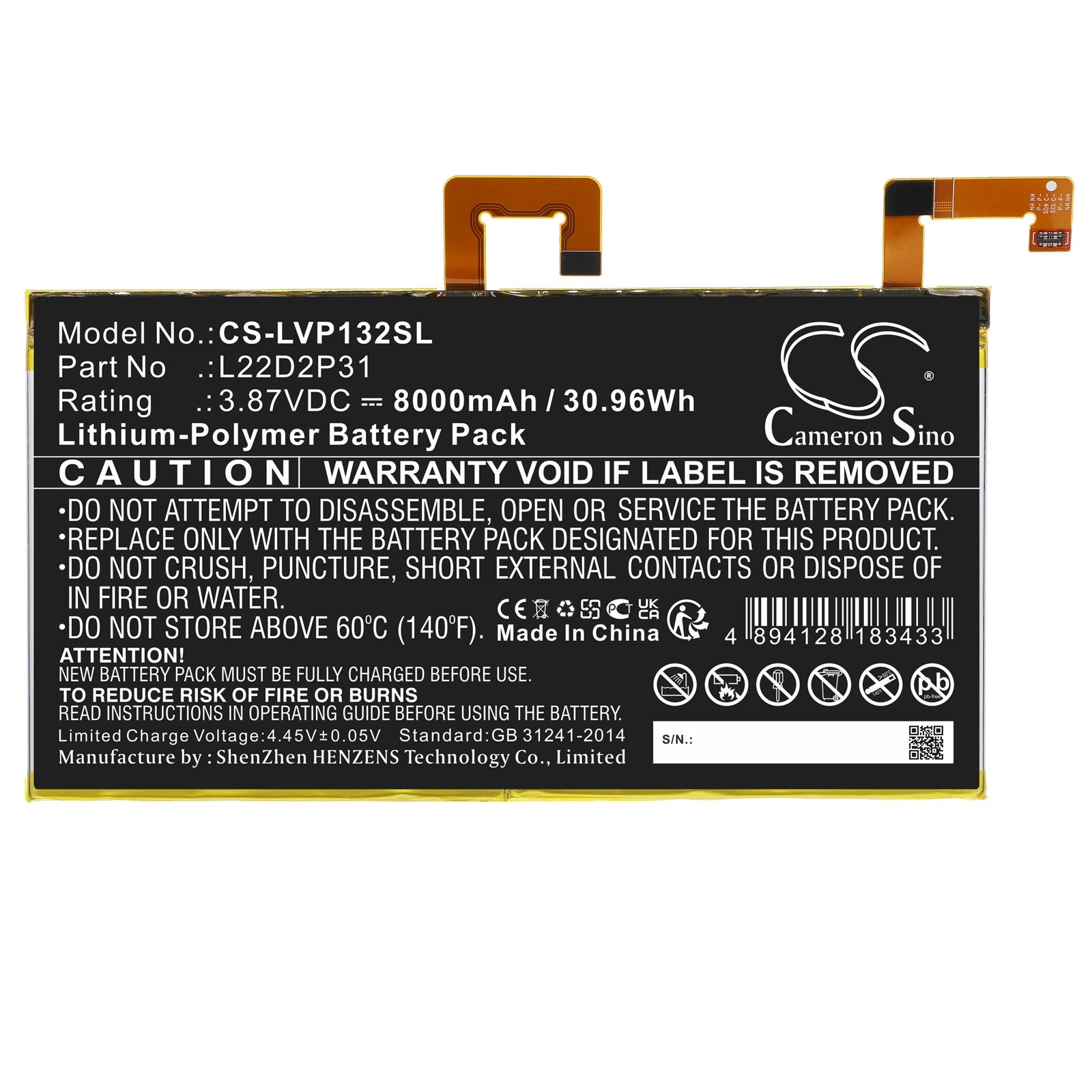 Li-Polymer, Tablet Battery fits Lenovo Tab P11 Pro, Tb132f, 3.87V, 8000mAh Tablet Cameron Sino Technology Limited