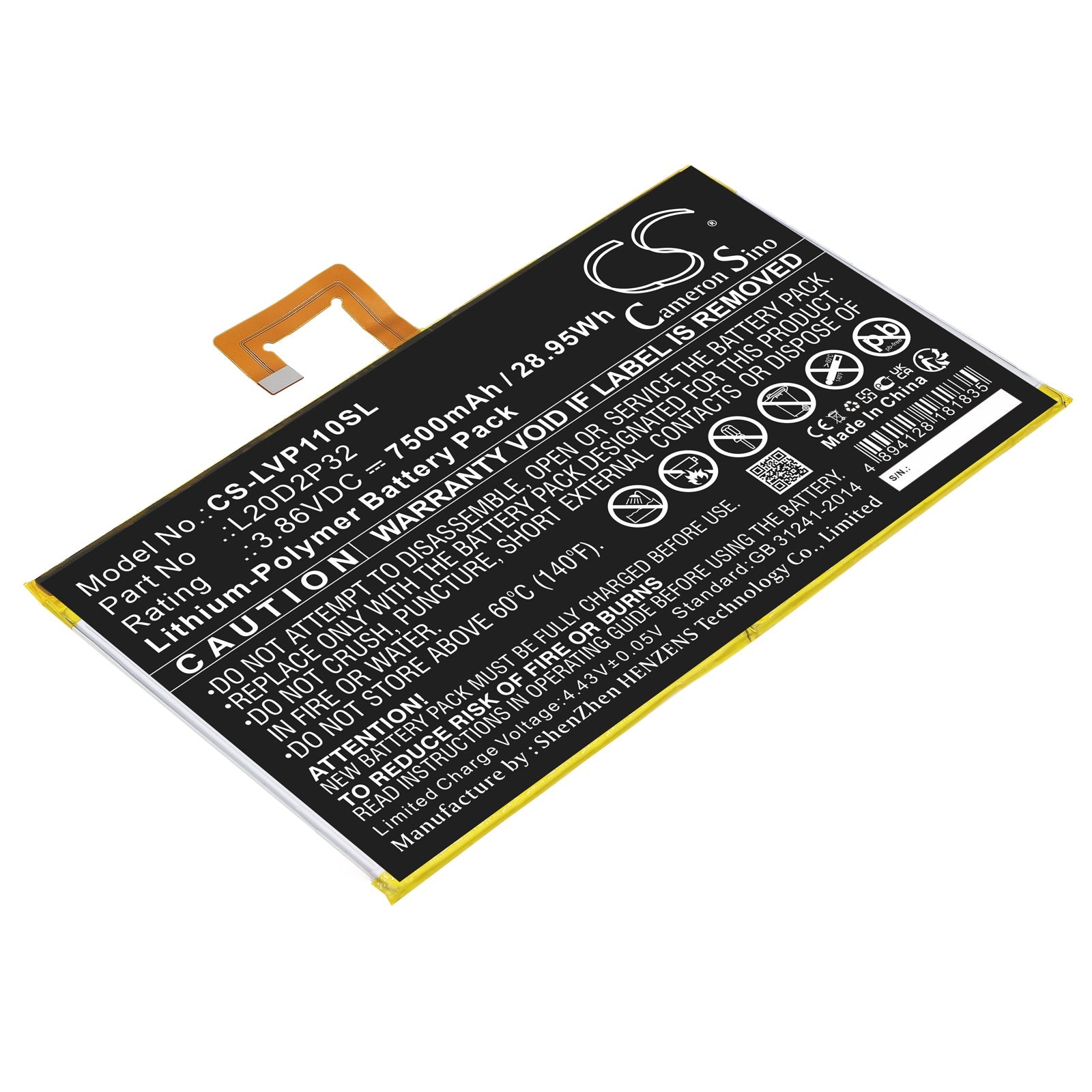 Li-Polymer, Tablet Battery fits Lenovo Tab P11, Tab P11 5g, 3.86V, 7500mAh Tablet Cameron Sino Technology Limited