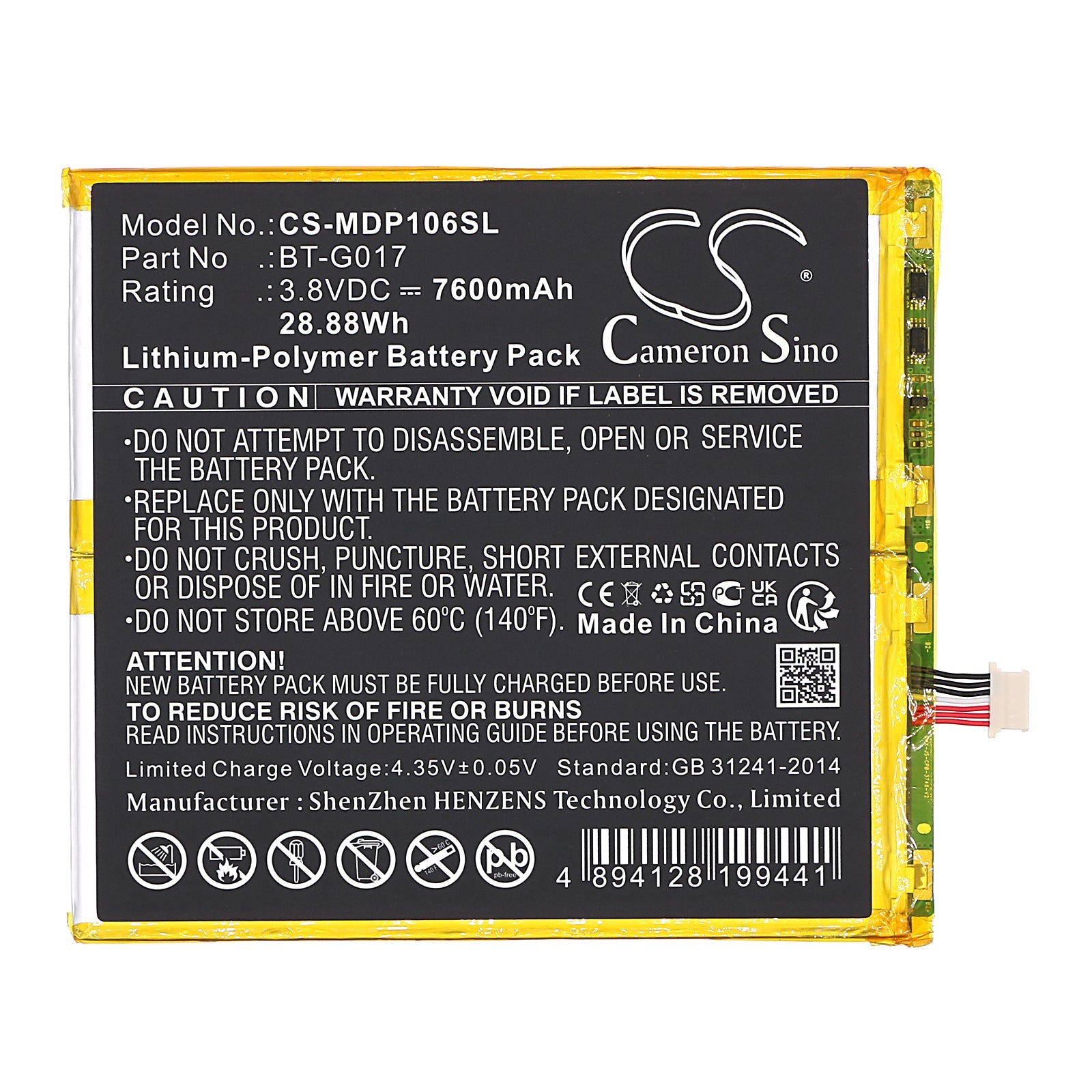 Li-Polymer, Tablet Battery fits Medion Lifetab P10602, 3.8V, 7600mAh Tablet Cameron Sino Technology Limited