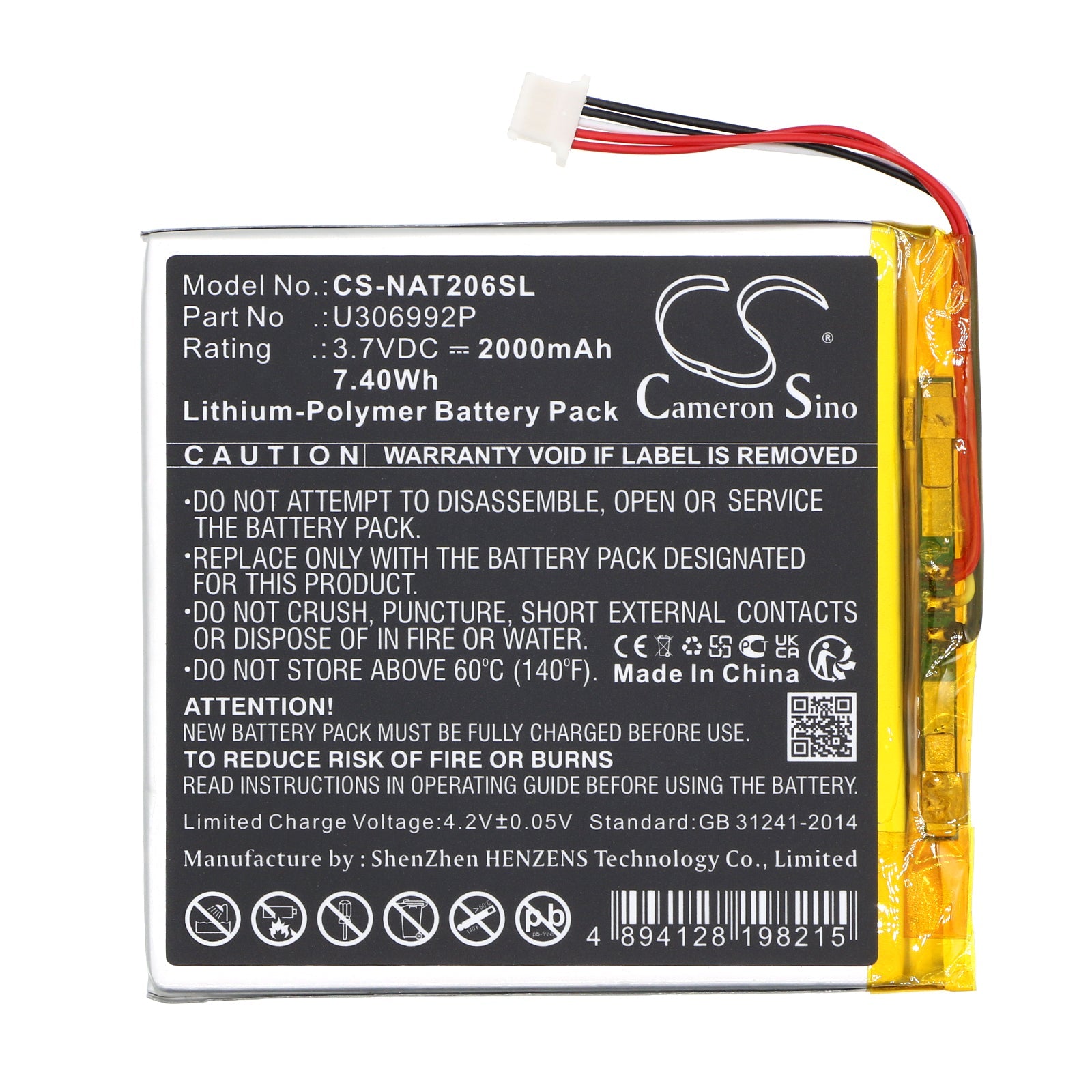 Li-Polymer, Tablet Battery fits Onn 100005206, 100026191, 3.7V, 2000mAh Tablet Cameron Sino Technology Limited