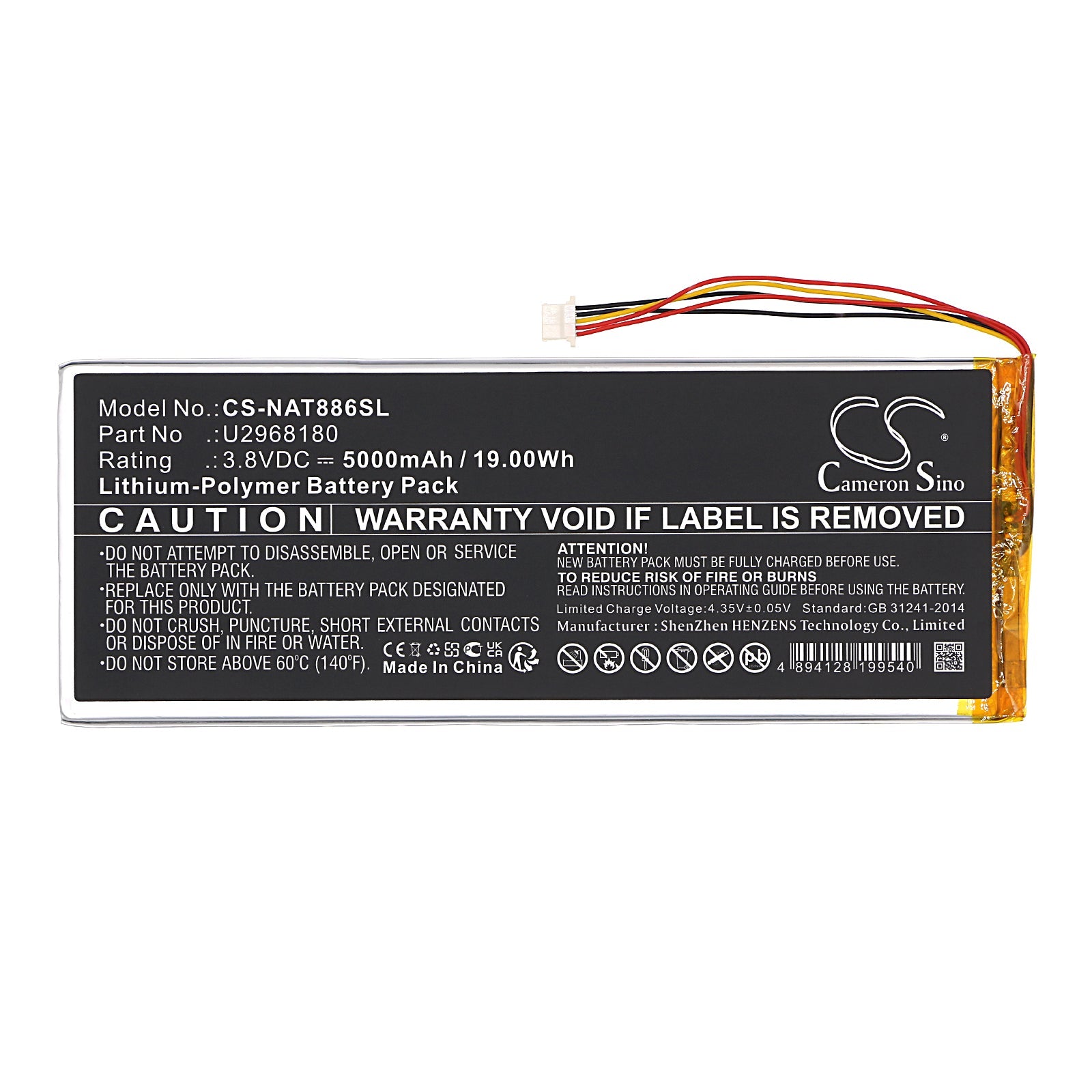 Li-Polymer, Tablet Battery fits Onn 100011886, Nsurf Tablet 10" Gen 2, 3.8V, 5000mAh Tablet Cameron Sino Technology Limited