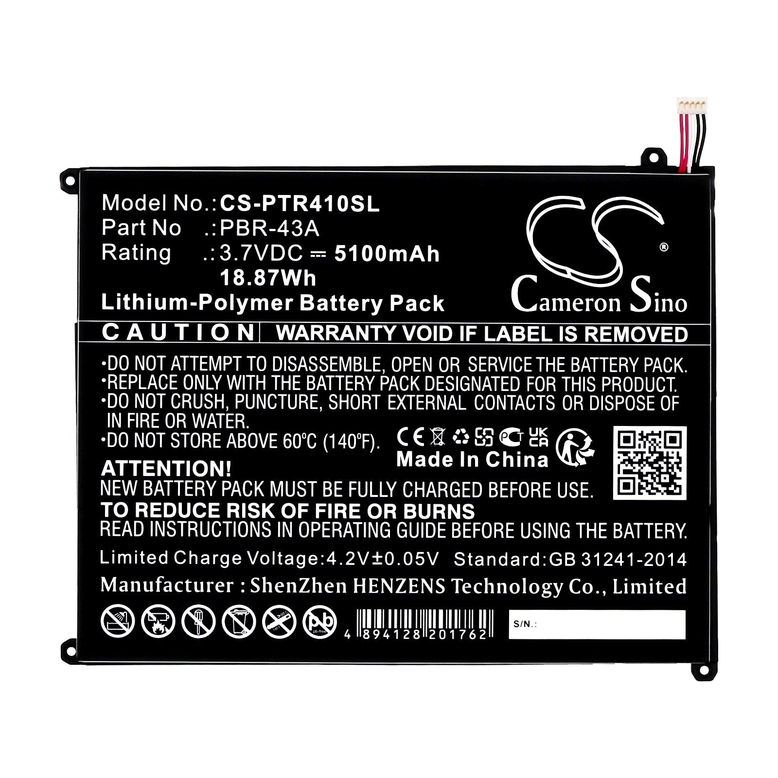 Li-Polymer, Tablet Battery fits Pantech Element P4100, 3.7V, 5100mAh Tablet Cameron Sino Technology Limited