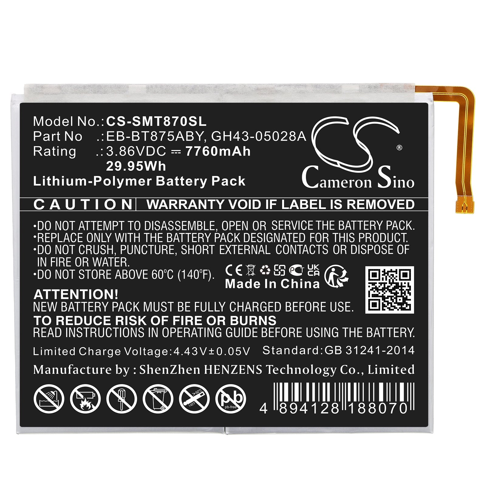 Li-Polymer, Tablet Battery fits Samsung Galaxy Tab S7 11.0, Galaxy Tab S7 5g Uw 11.0, 3.86V, 7760mAh Tablet Cameron Sino Technology Limited