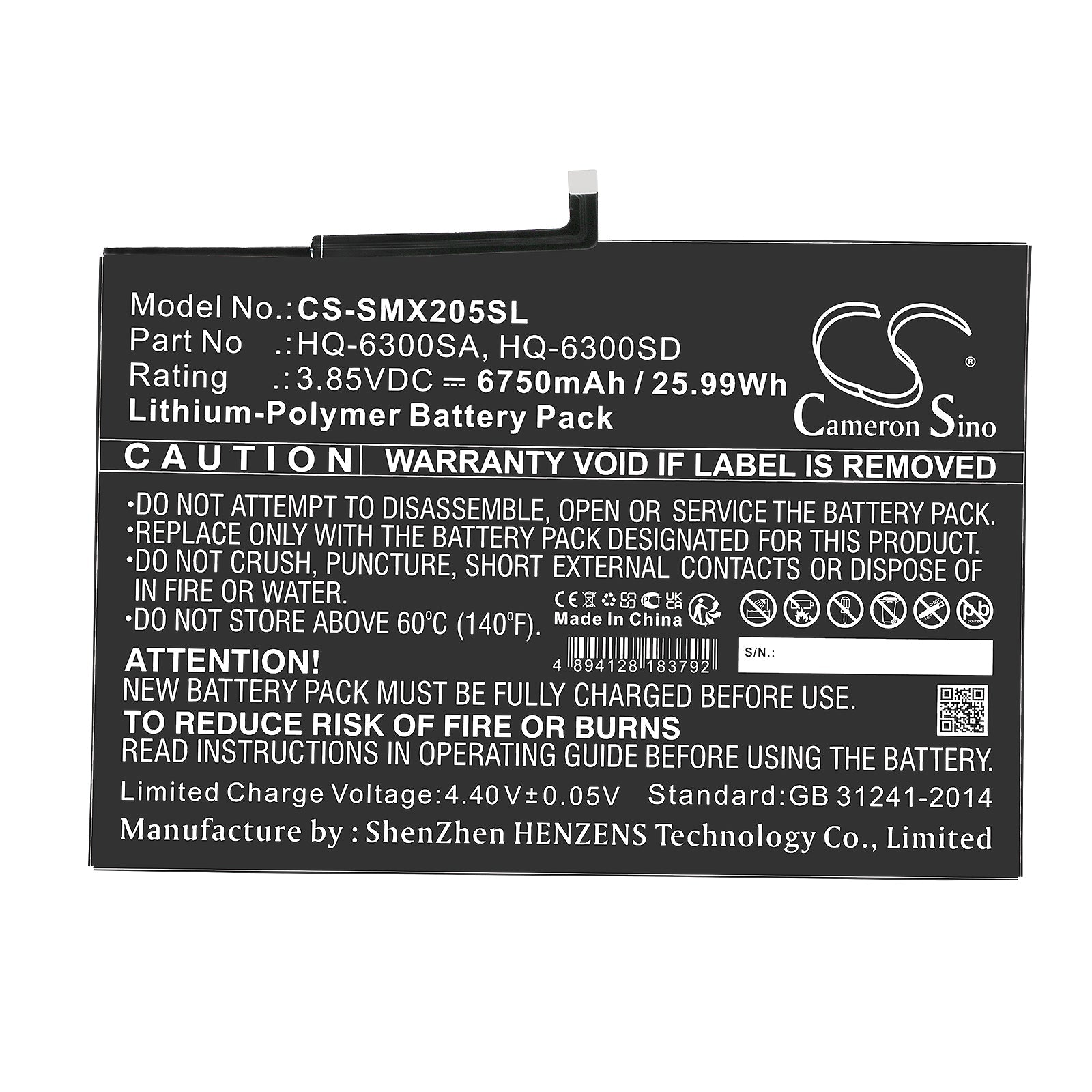 Li-Polymer, Tablet Battery fits Samsung Sm-x200, Sm-x205, 3.85V, 6750mAh Tablet Cameron Sino Technology Limited