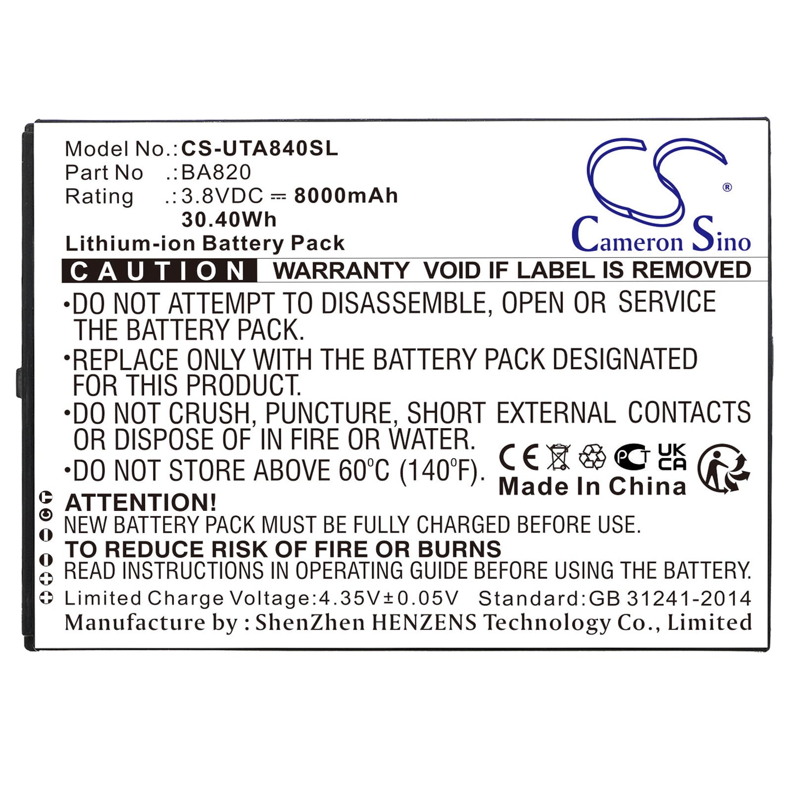 Li-Polymer, Tablet Battery fits Sonim Rs80, Unistrong Ba820, 3.8V, 8000mAh Tablet Cameron Sino Technology Limited