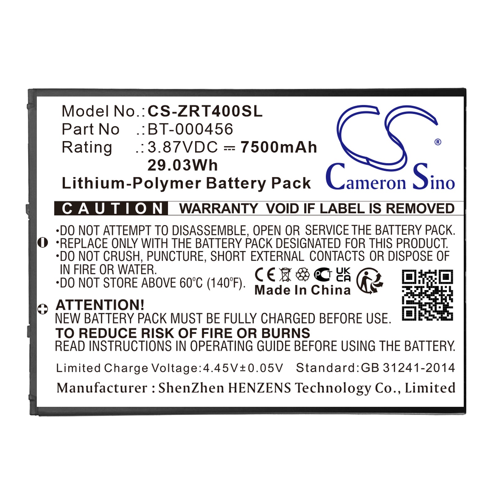 Li-Polymer, Tablet Battery fits Zebra Et40, Zt45, 3.87V, 7500mAh Tablet Cameron Sino Technology Limited