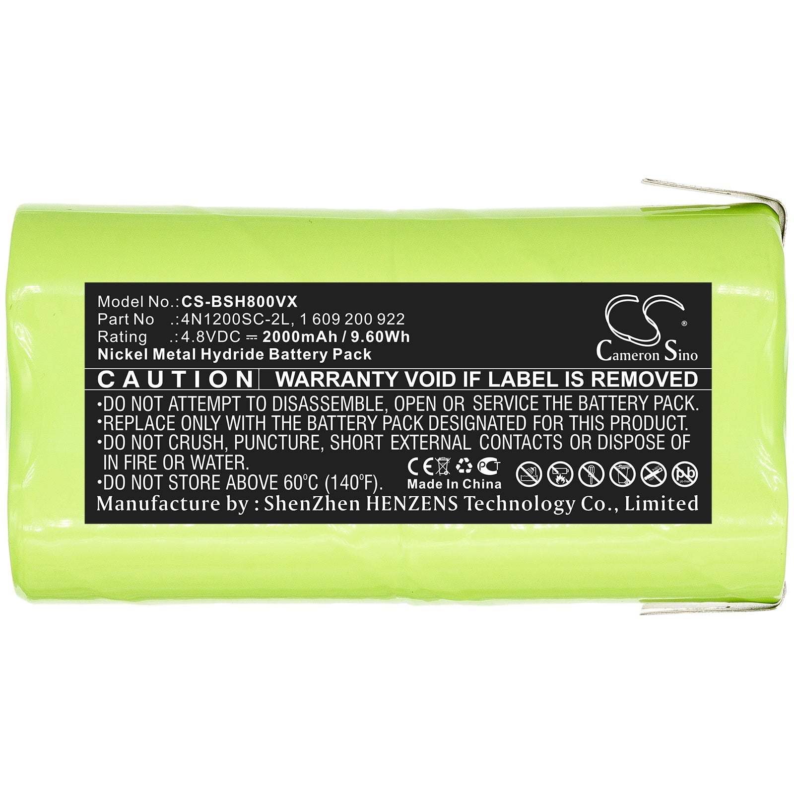 Ni-MH Battery fits Bosch, 1 609 200 922, 1 609 390 002, 4n1200sc-2l 4.8V, 2000mAh Vacuum Cameron Sino Technology Limited