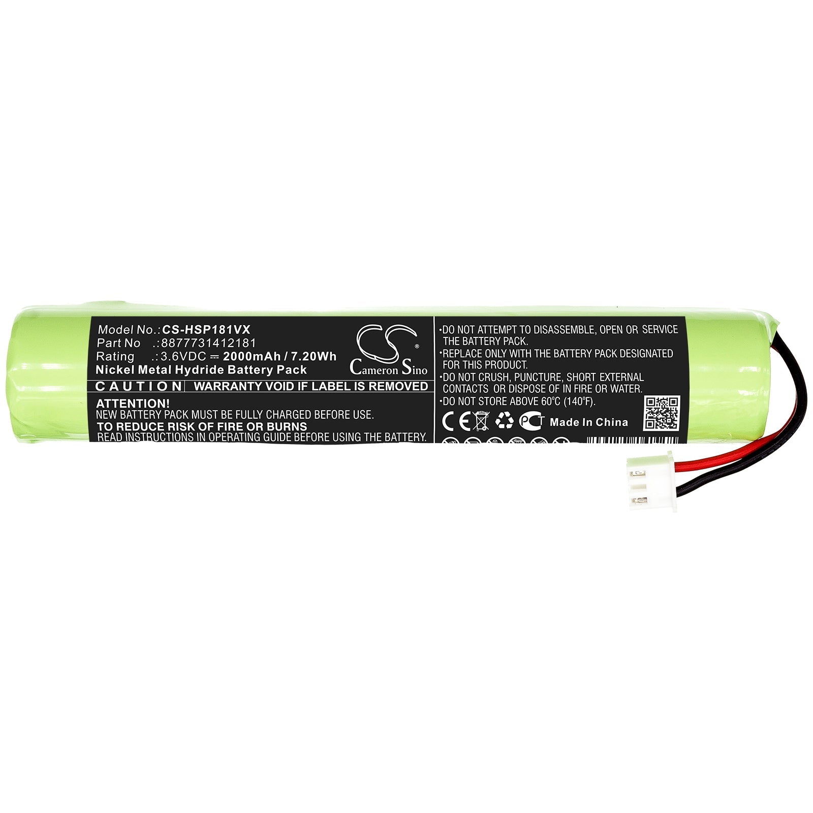 Ni-MH Battery fits Hurricane, 8877731412181 3.6V, 2000mAh Vacuum Cameron Sino Technology Limited