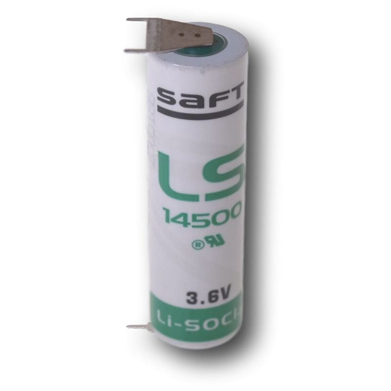 Saft LS14500 AA Size, 3.6V, 2.6Ah Li-SOCl Battery Saft and Tadiran Batteries Saft With PC Pins 2 Pins on +ve 1 Pin on -Ve