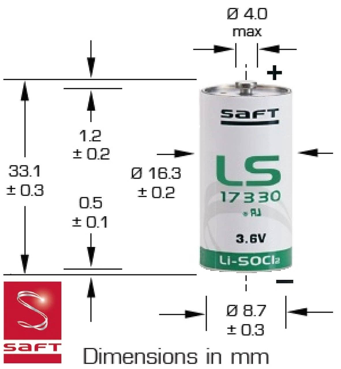 Saft LS17330 2/3A Size, 3.6V, 2.1Ah Li-SOCl Battery Saft and Tadiran Batteries Saft