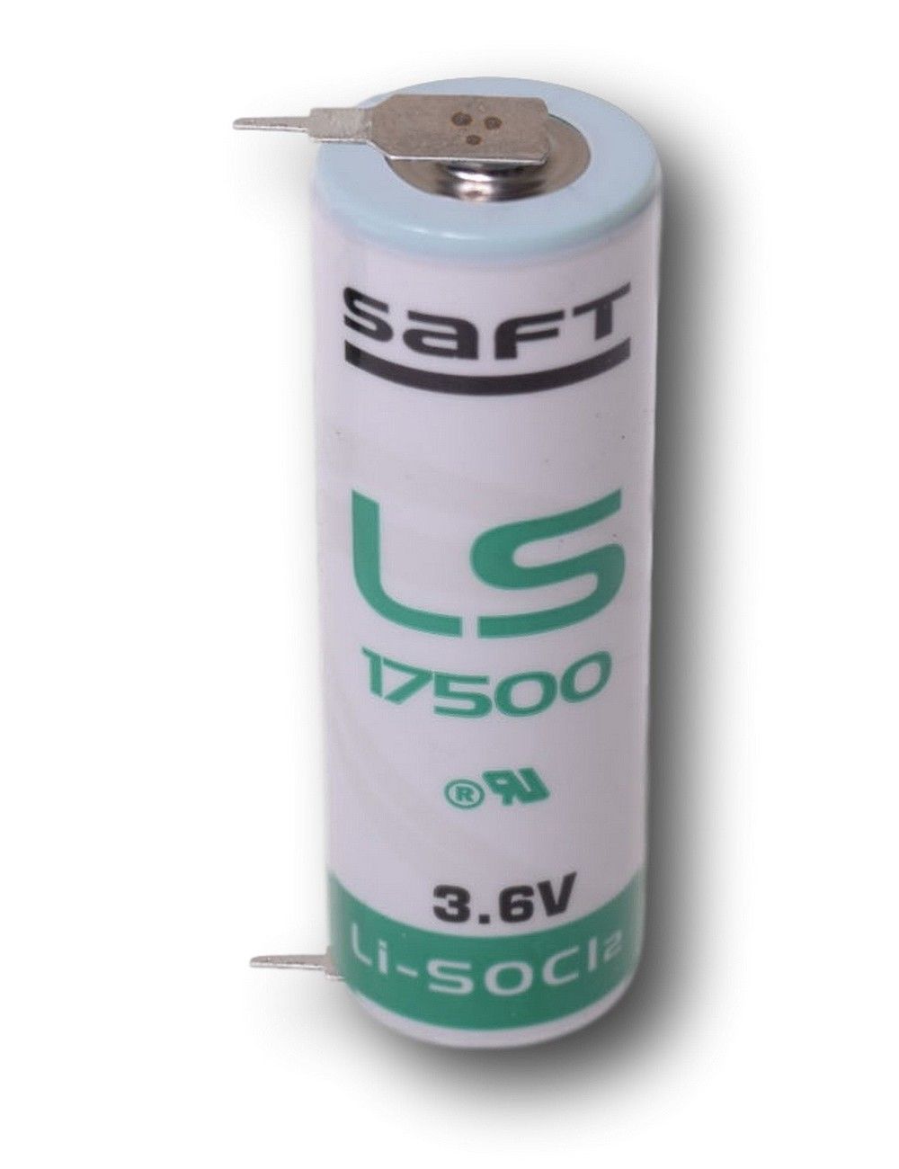 Saft LS17500 A Size, 3.6V, 3.6Ah Li-SOCl Battery Saft and Tadiran Batteries Saft With PC Pins 1 Pin on +ve 2 Pins on -Ve