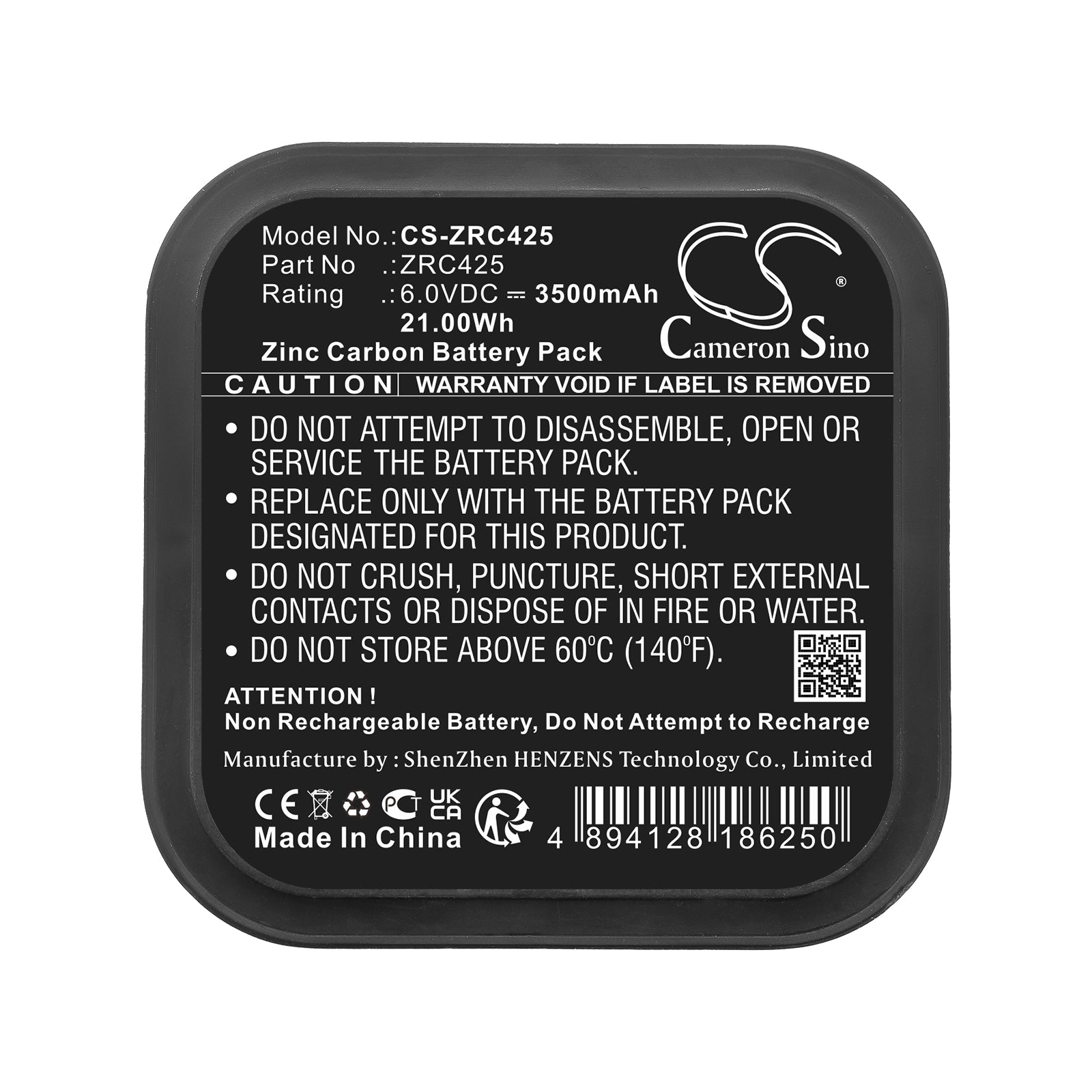 Zinc Carbon, Zinc Carbon Battery fits Cameron Sino Technologies, 6.0V, 3500mAh Zinc Carbon Cameron Sino Technology Limited